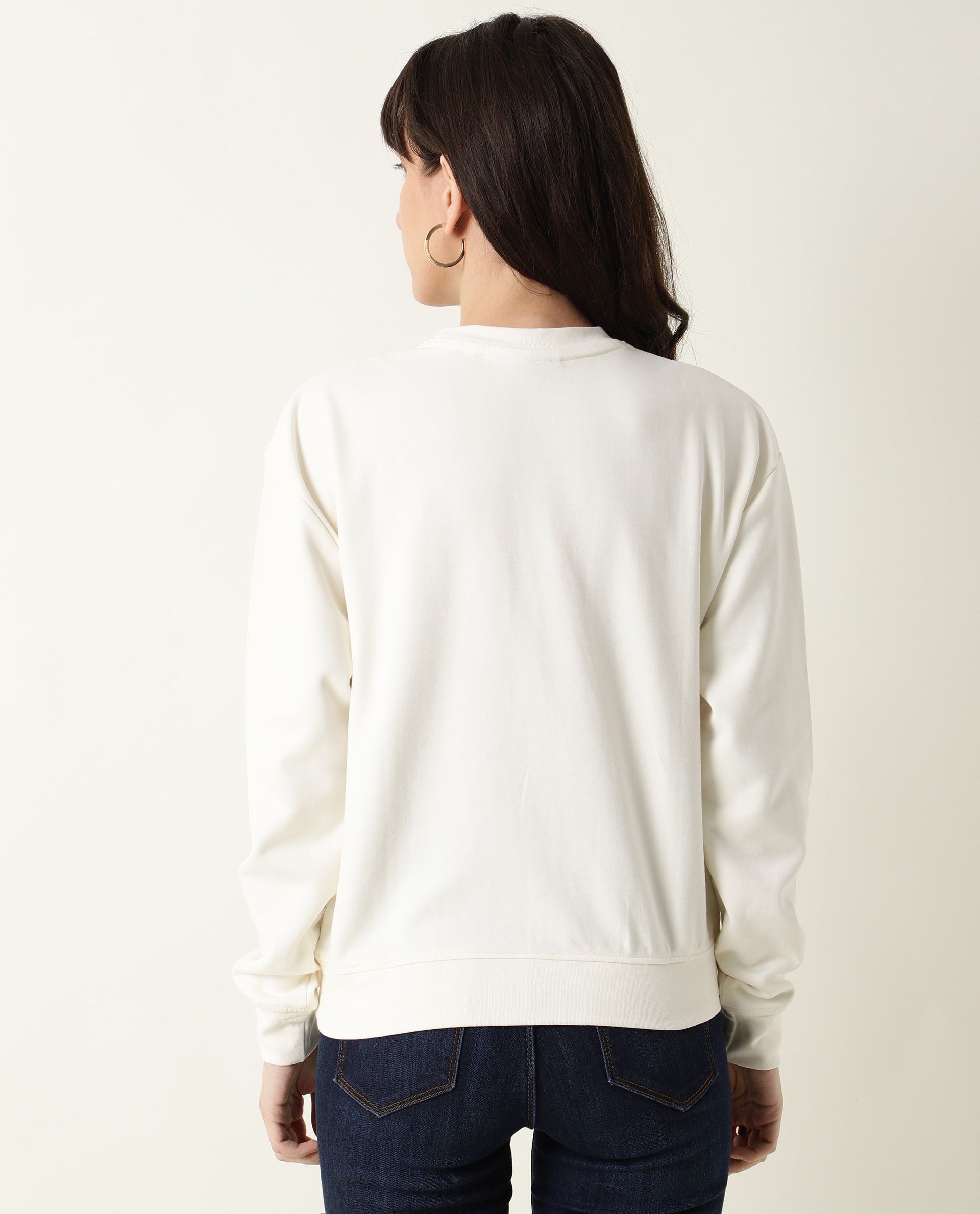 Rareism Women Host Off White Cotton Linen Fabric Relaxed Fit Full Sleeves Solid Crew Neck Sweatshirt