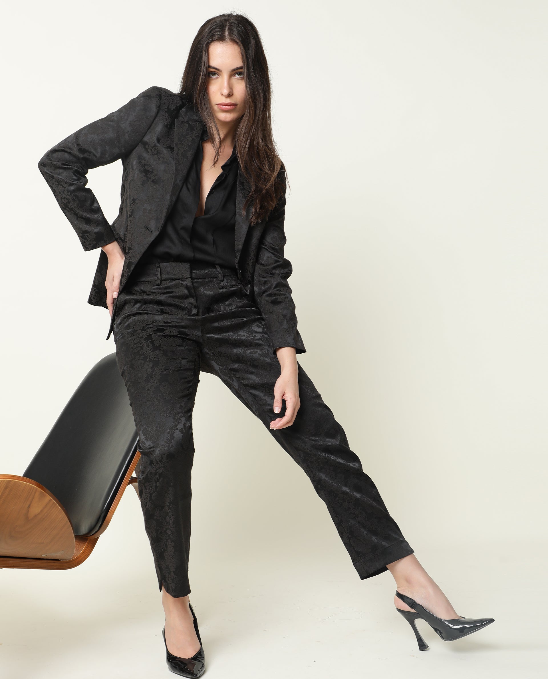 Rareism Women's Nestea Black Velvet Floral Print Ankle Length Tailored Trouser