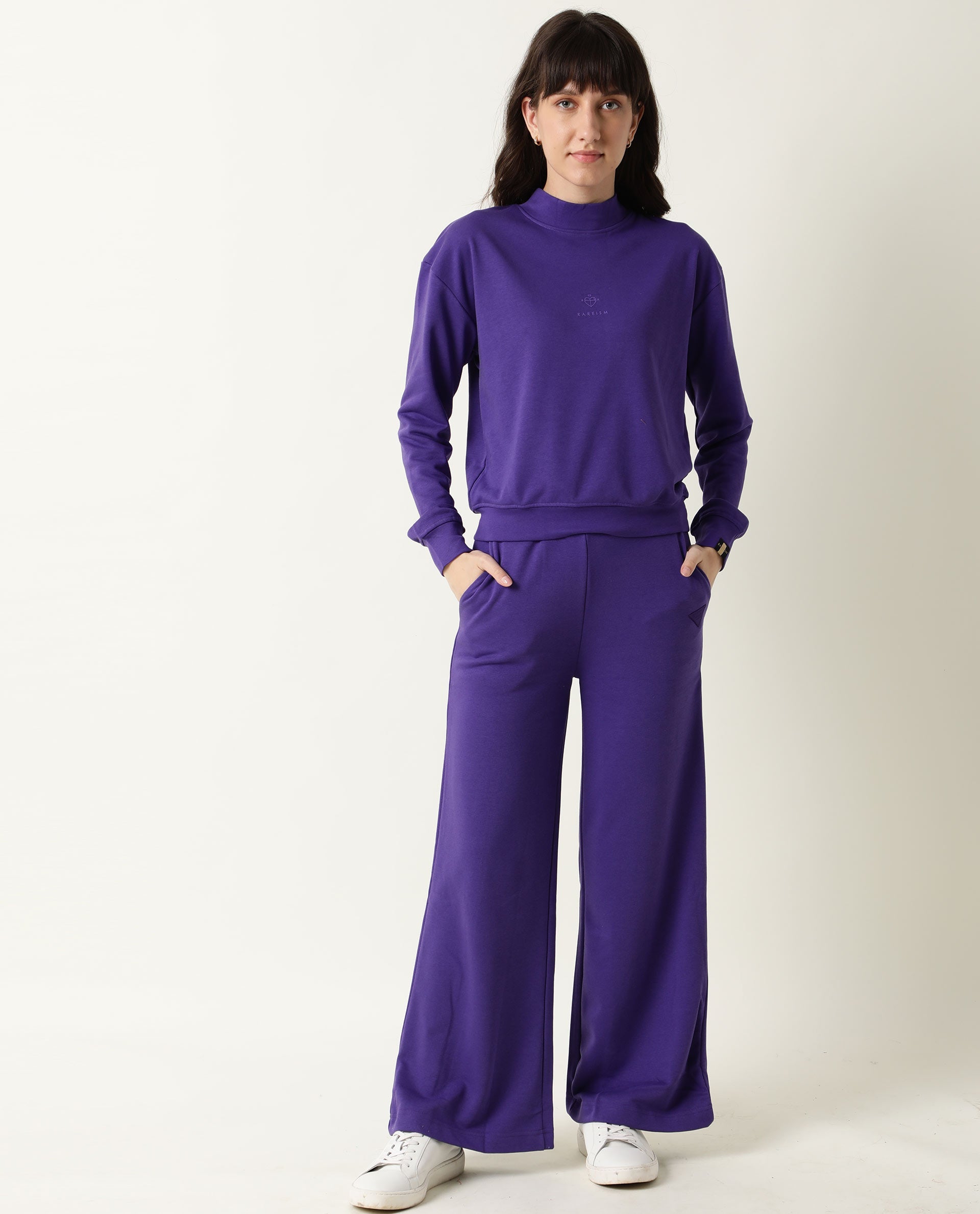 Rareism Women Necker Purple Relaxed Fit Full Sleeves Solid High Neck Sweatshirt