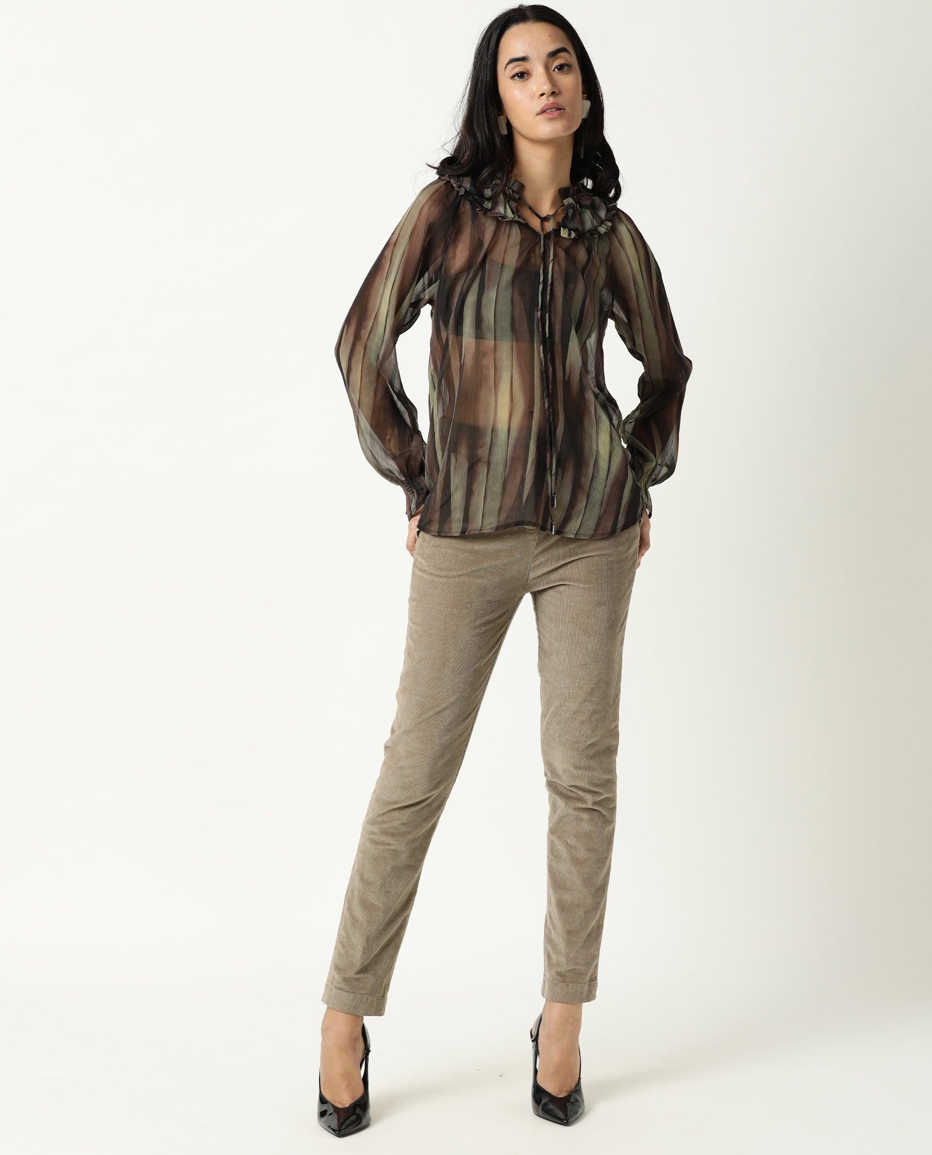 Rareism Womens Kade Green Top Viscose Fabric Loose Fit Extended Sleeves V Neck