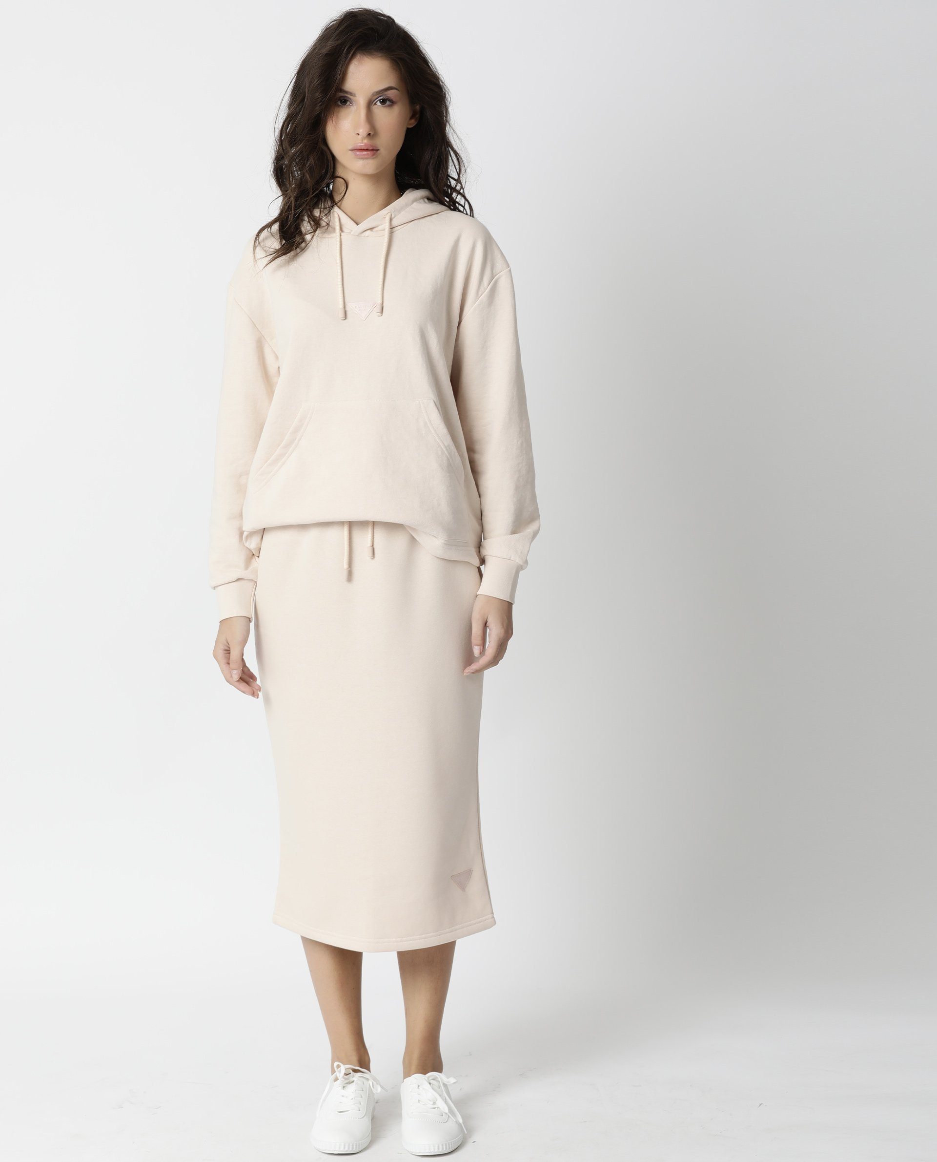 Rareism Women Fudge Beige Poly Cotton Fabric Tailored Fit High Rise Solid Midi Skirt