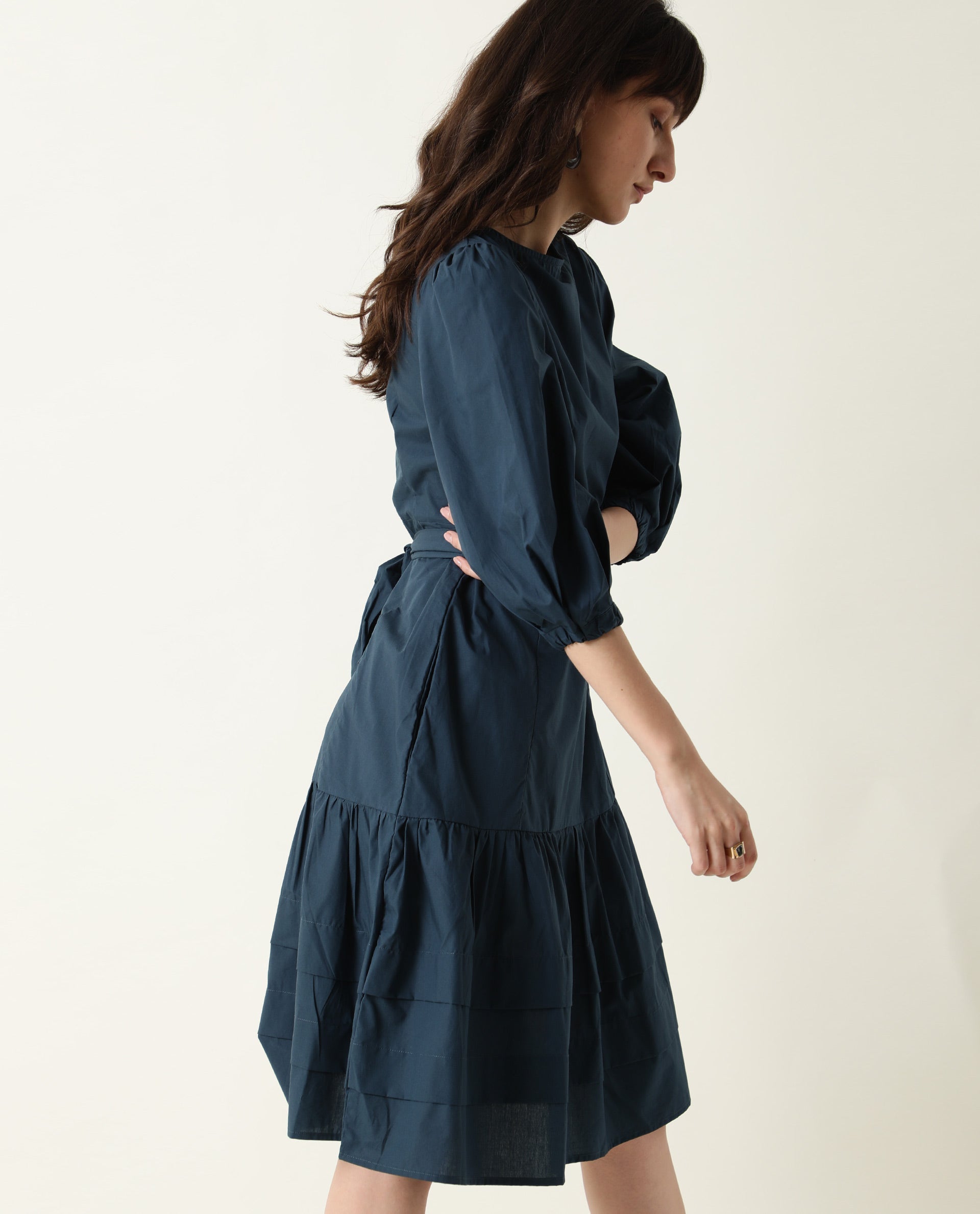 Rareism Womens Peas Petrol Dress Cotton Fabric Regular Fit Puff Sleeves Round Neck