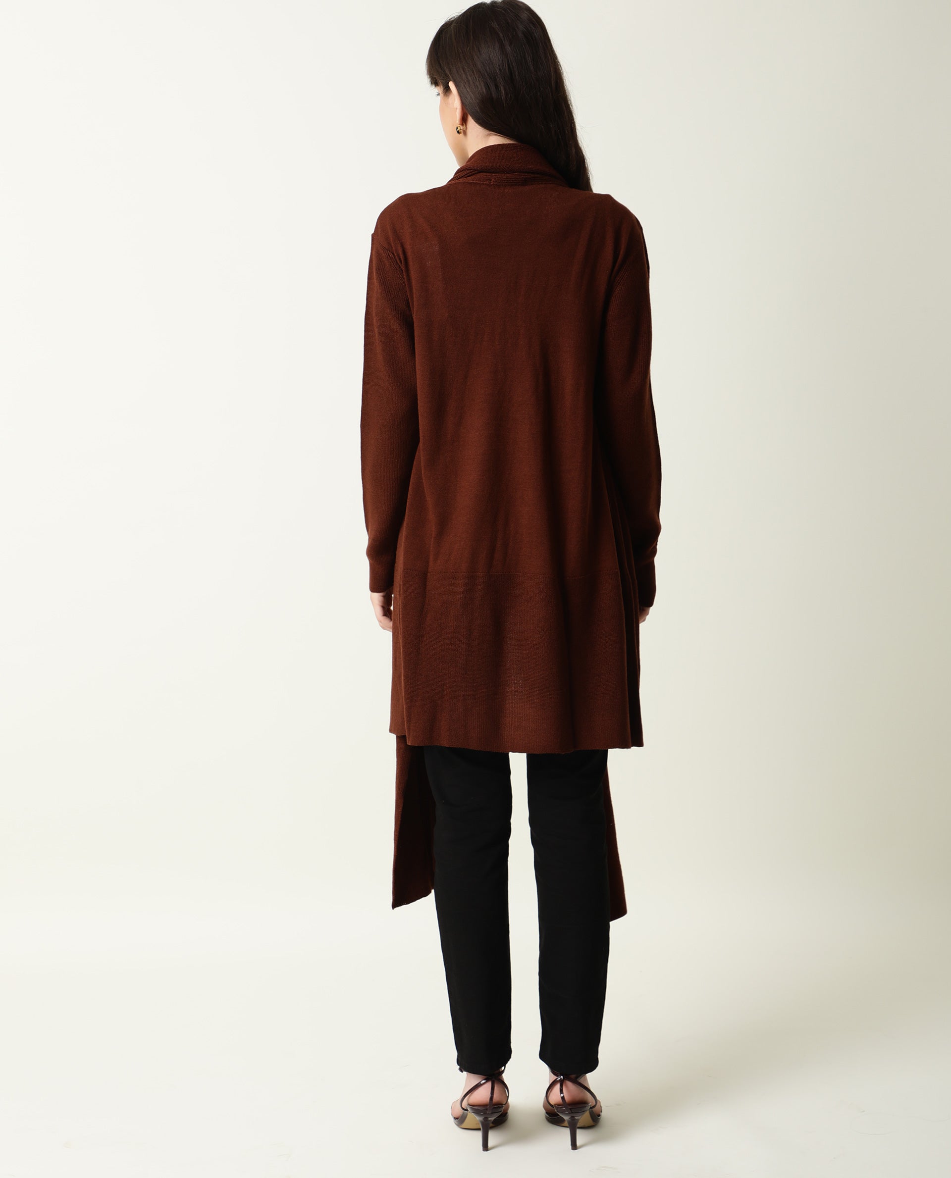 Rareism Women's Flap Brown Acrylic Collarless Plain Knee Length Regular Fit Sweater