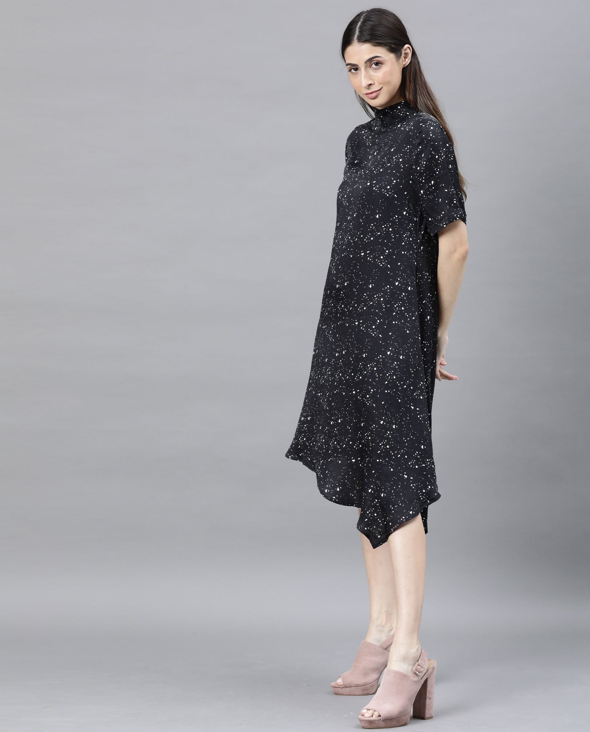 Rareism Women Kris Black Dress Short Sleeves Printed