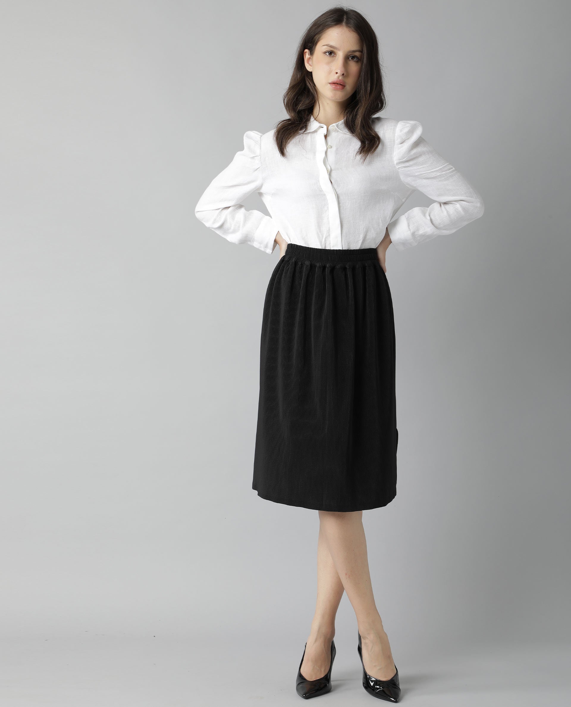 Rareism Womens Browse Black Skirt Pleated Mid Length Back Slit