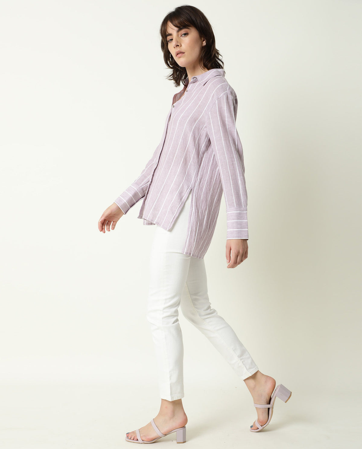 Rareism Women Vrish Pastel Purple Cotton Linen Fabric Relaxed Fit Collared Neck Full Sleeves Striped Top