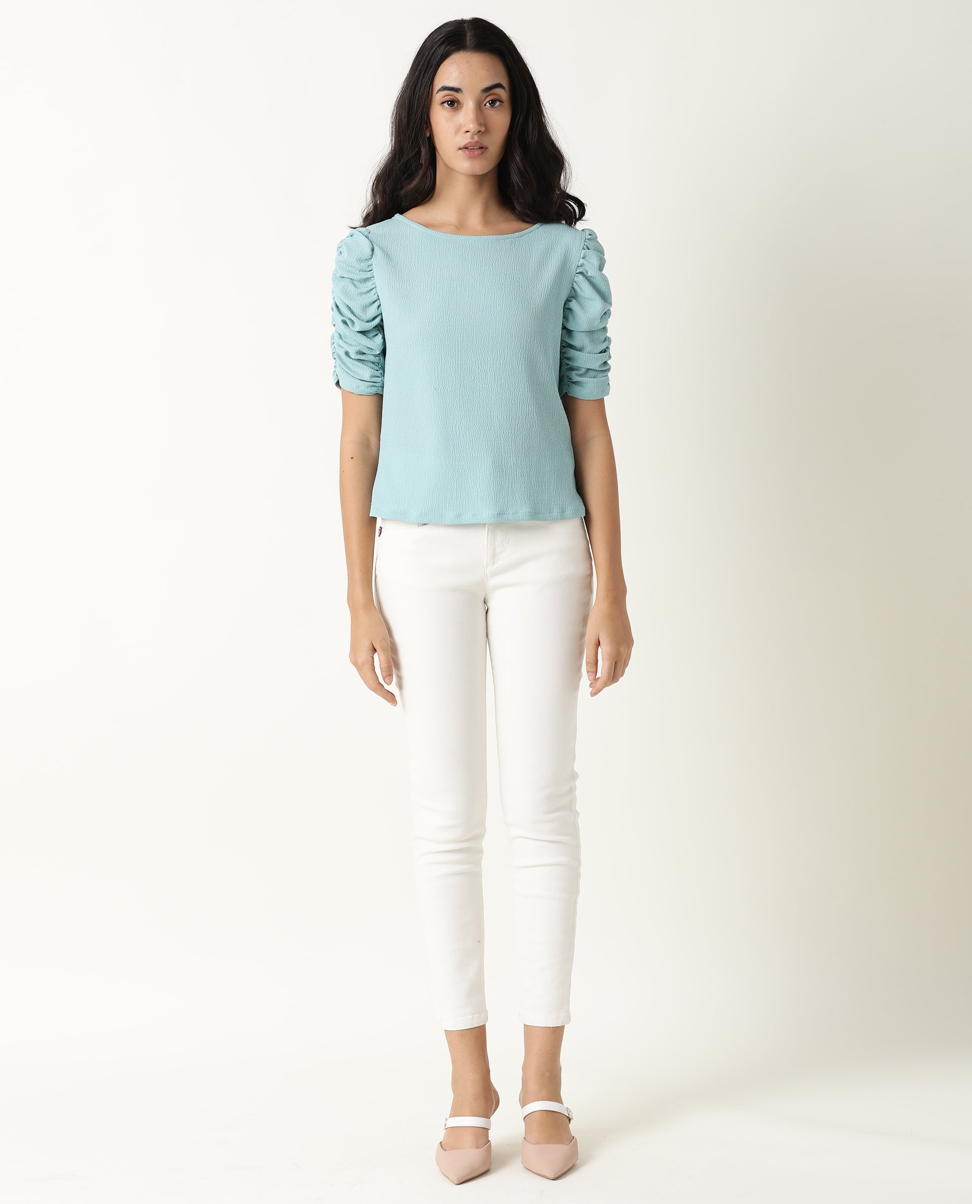 Rareism Women's Frozen Green Cotton Boat Neck Plain Ruffled Sleeve Regular Fit Top