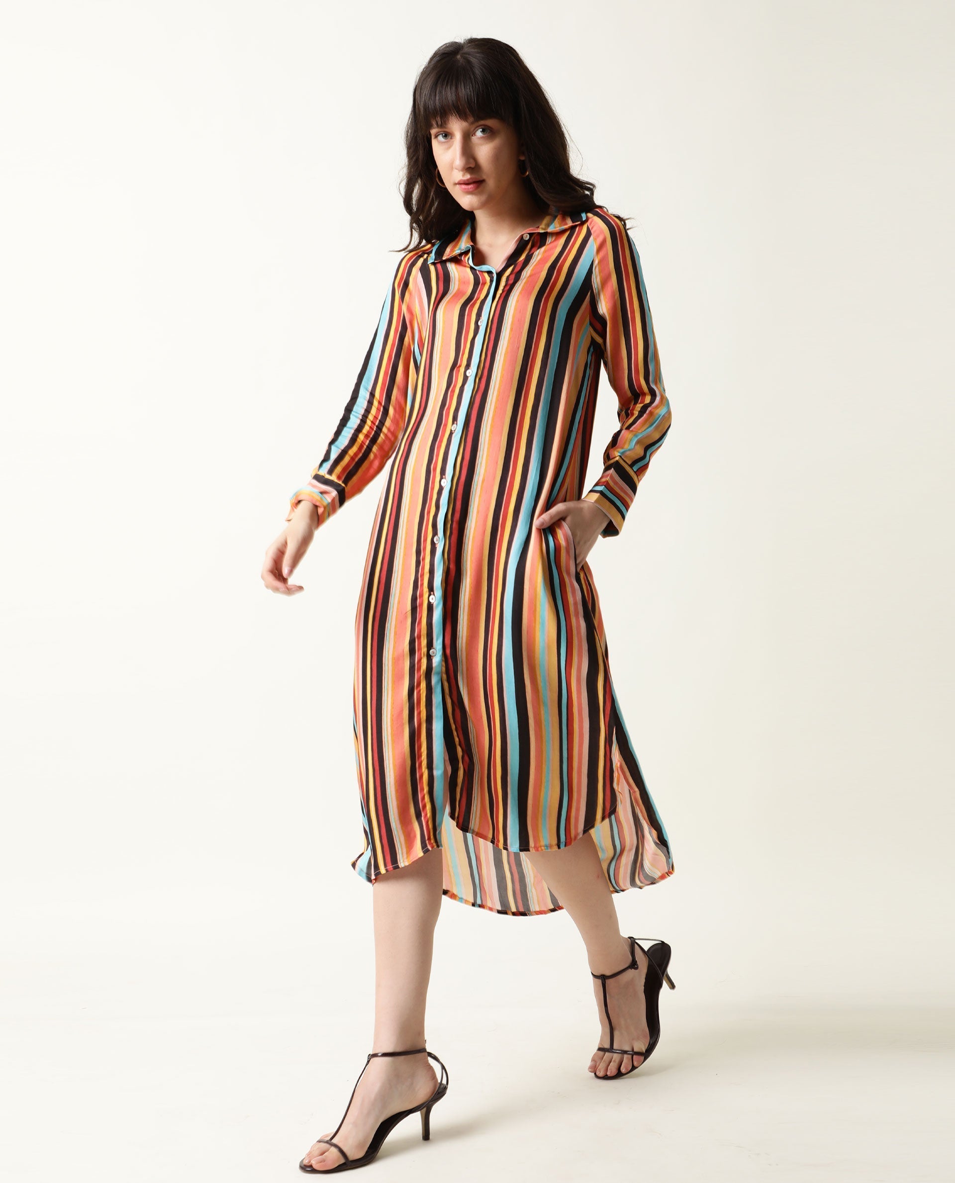 Rareism Women's Mathers Brown Spread Collar Striped Knee Length Regular Fit Dress