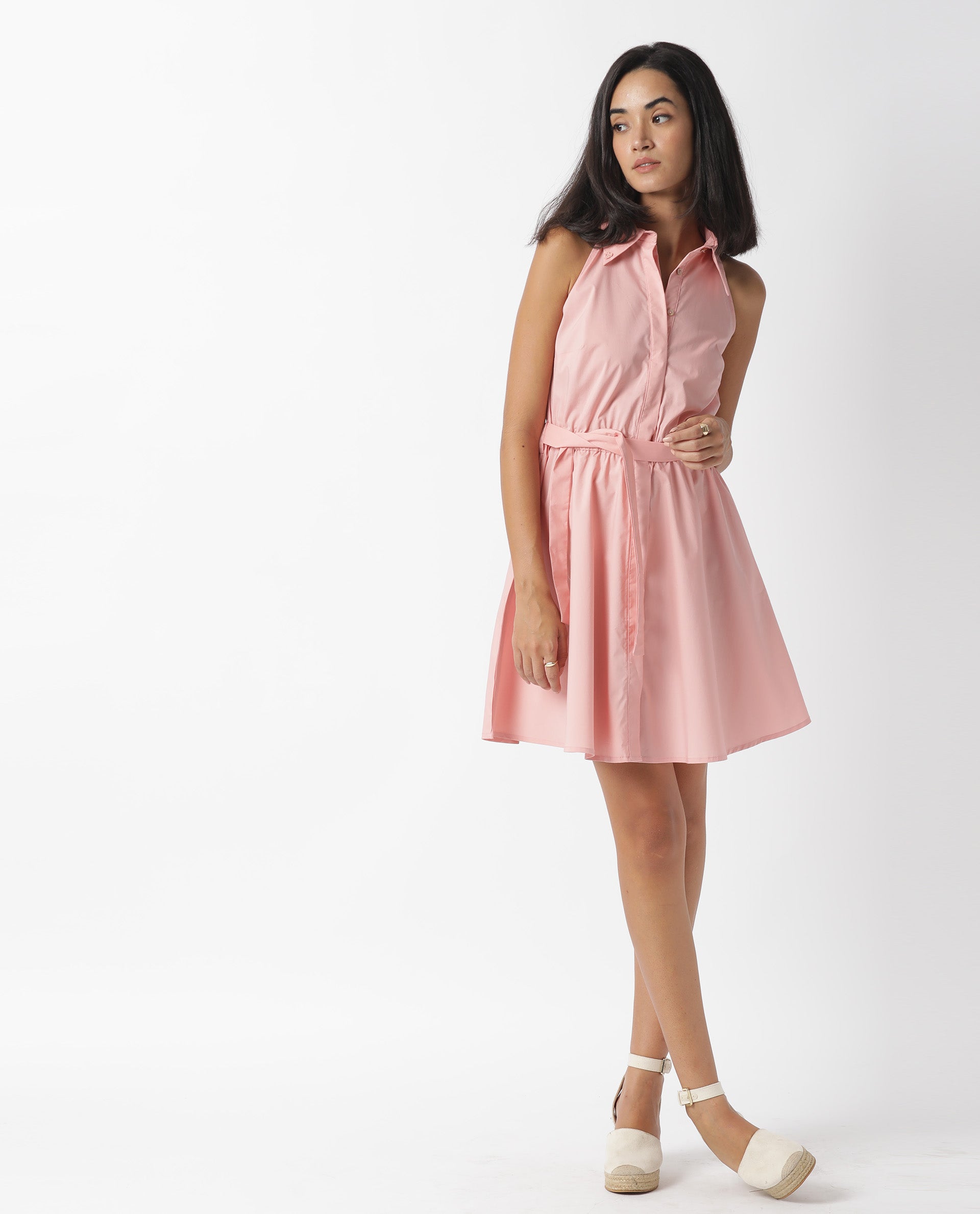 Rareism Women Bessie Peach Shirt Collar Sleeveless Fabric Waist Belt Mini Dress