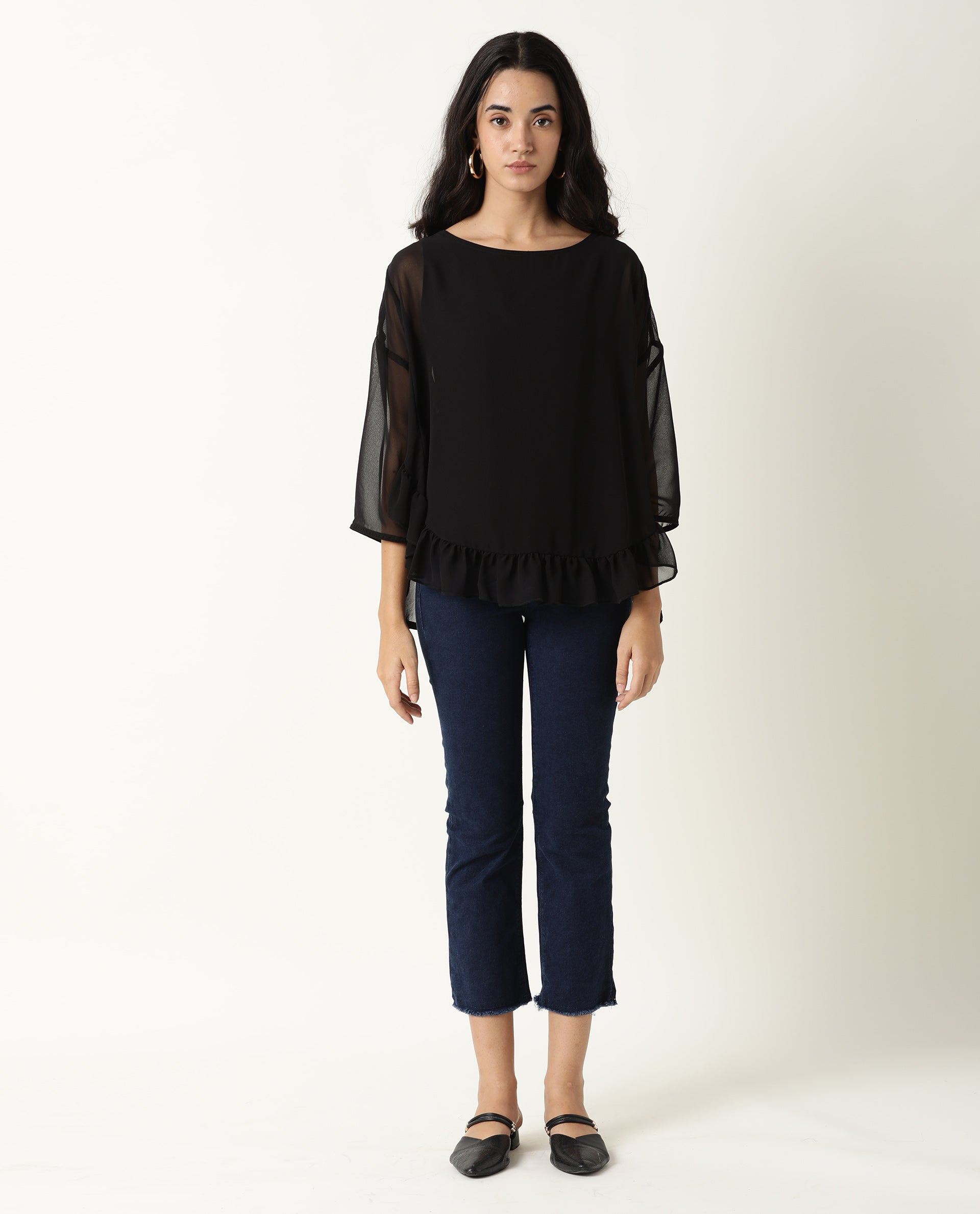 Rareism Women's Hold Black Polyester Crew Neck Plain Extended Sleeves Relaxed Fit Top