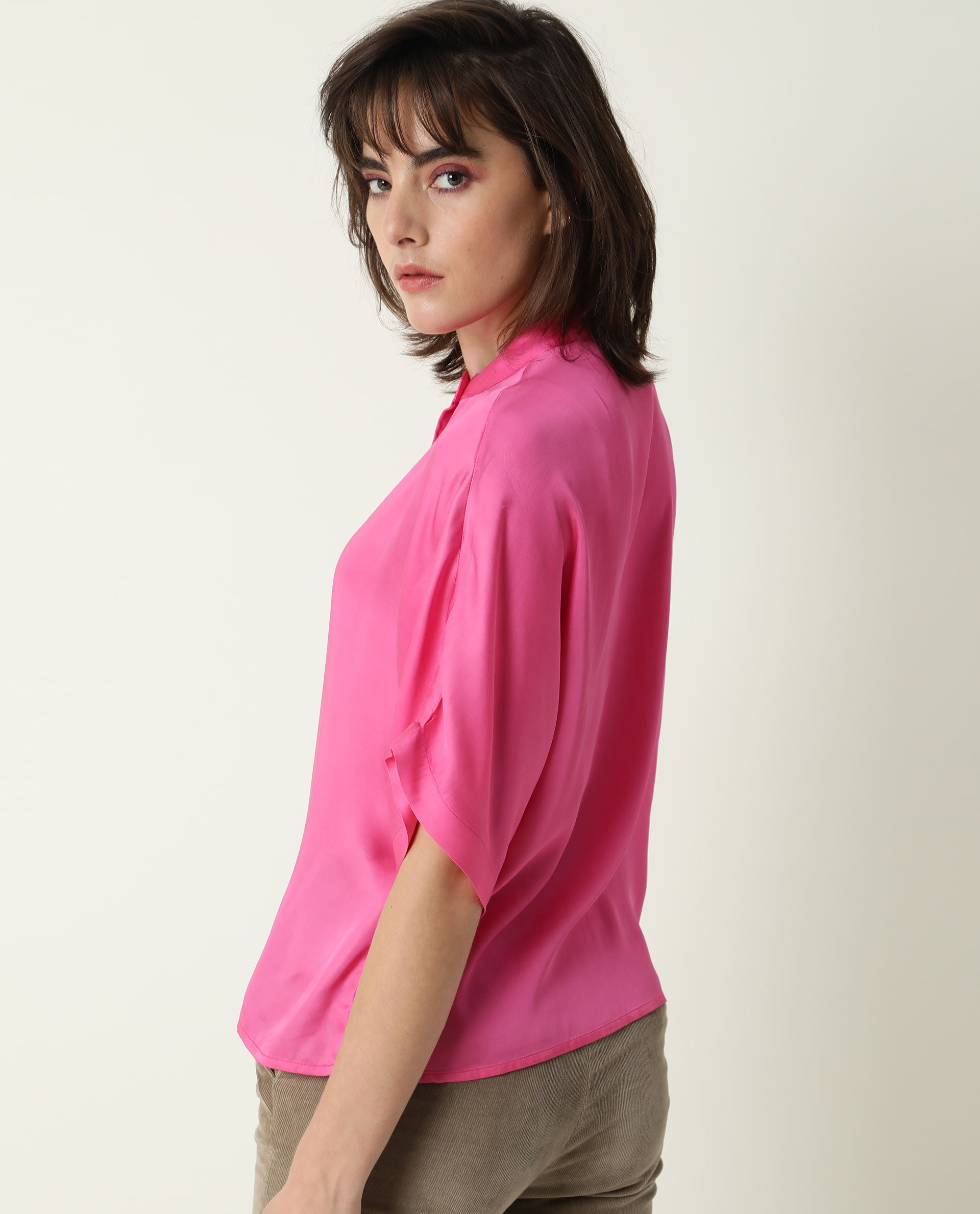 Rareism Womens Paige Pink Top Modal Satin Fabric Regular Fit Kimono Sleeve Mandarin Neck