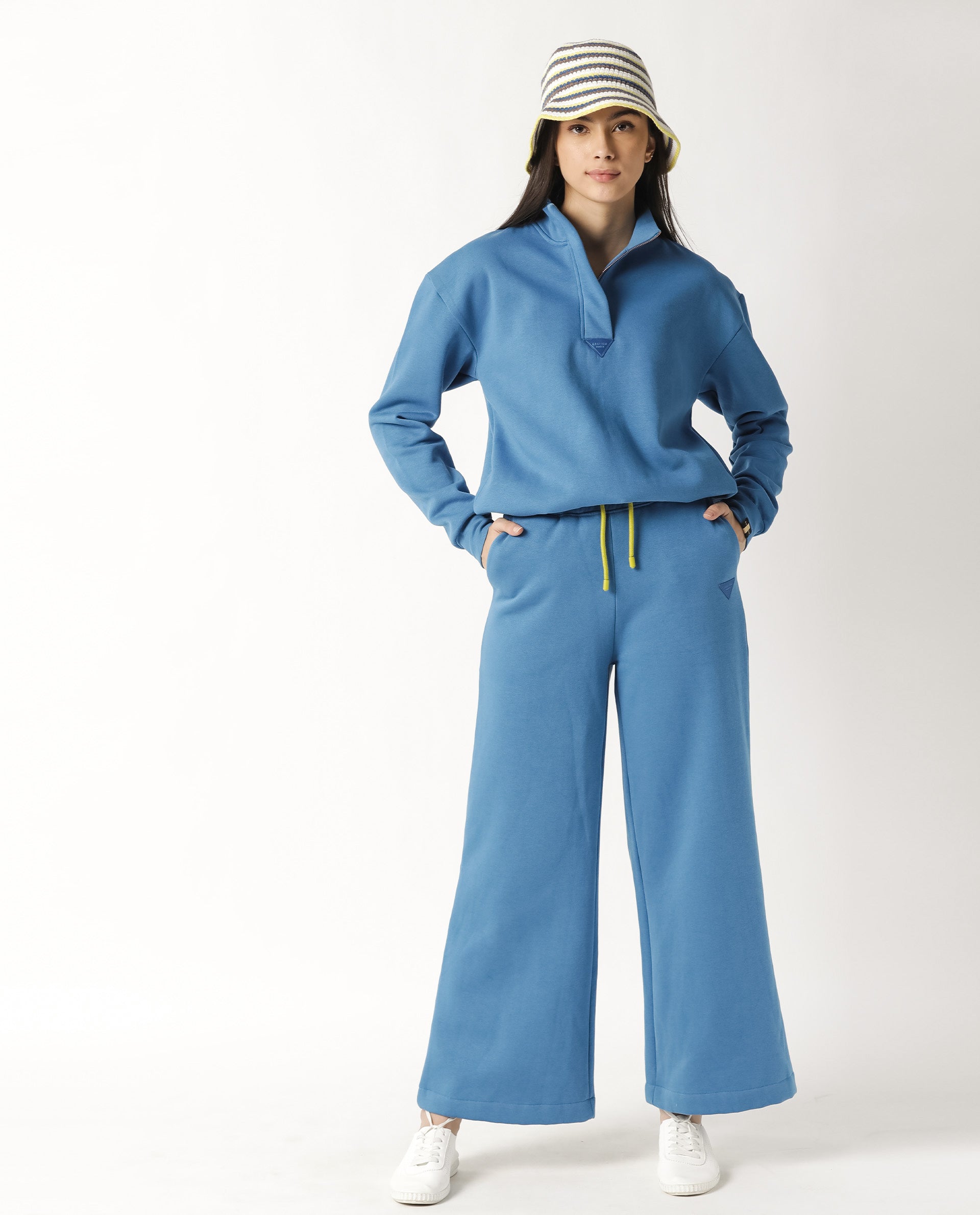 Rareism Women Taffy-1 Blue Relaxed Fit Full Sleeves Solid High Neck Sweatshirt