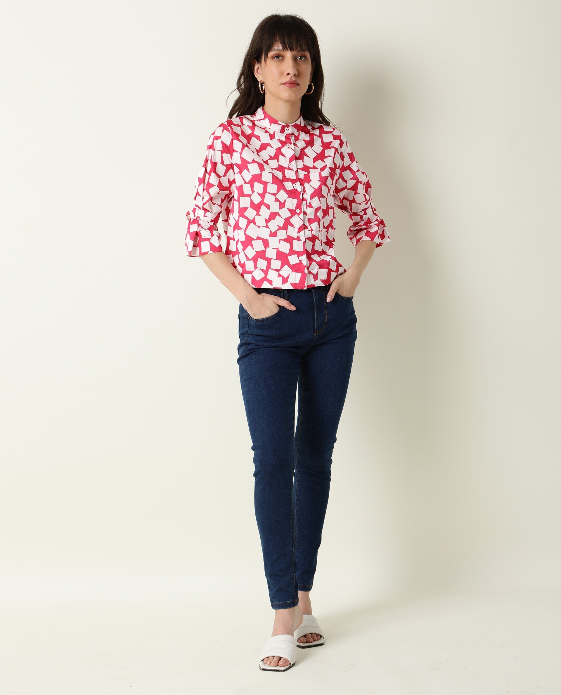 Rareism Women's Seki Pink Modal High Neck Geometric Print Regular Fit Shirt