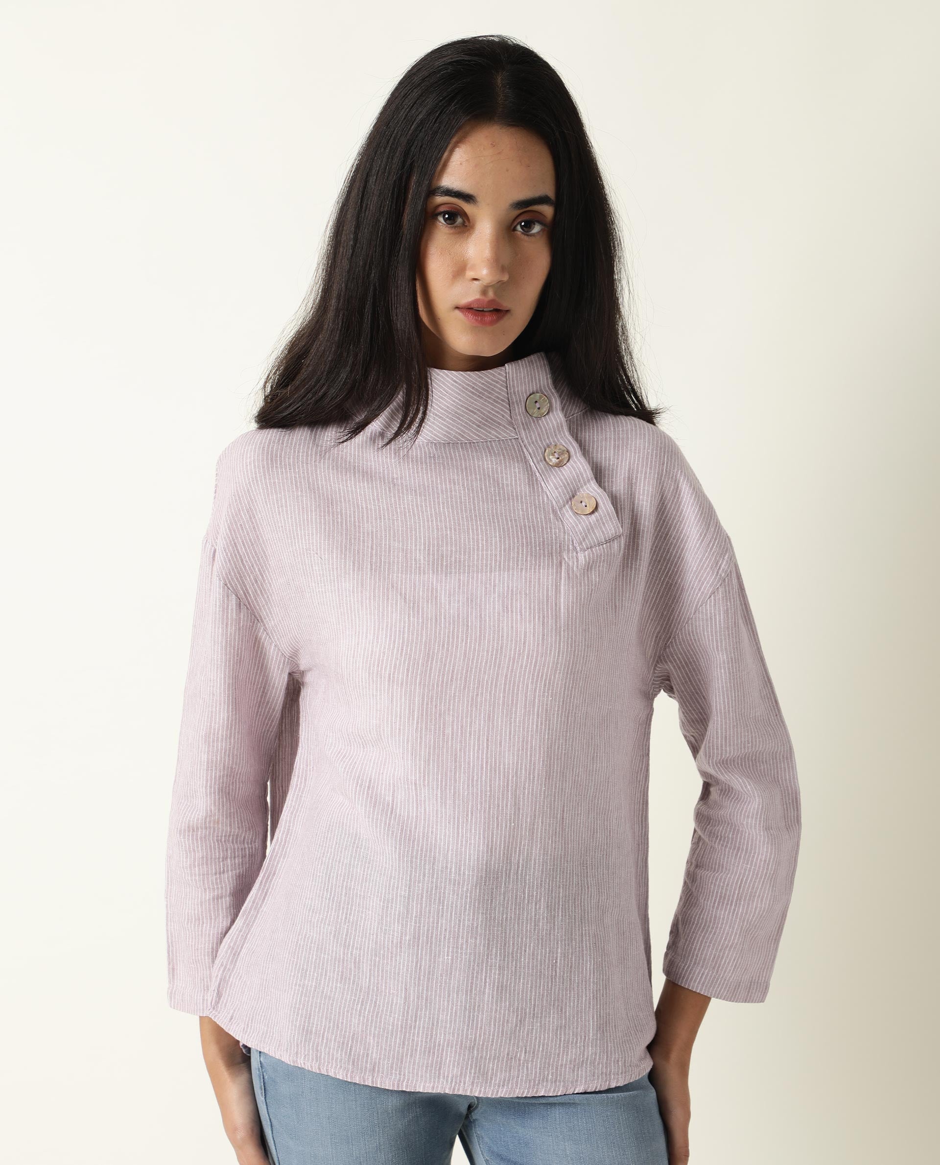 Rareism Women's Mute Purple Linen High Neck Plain Regular Fit Top