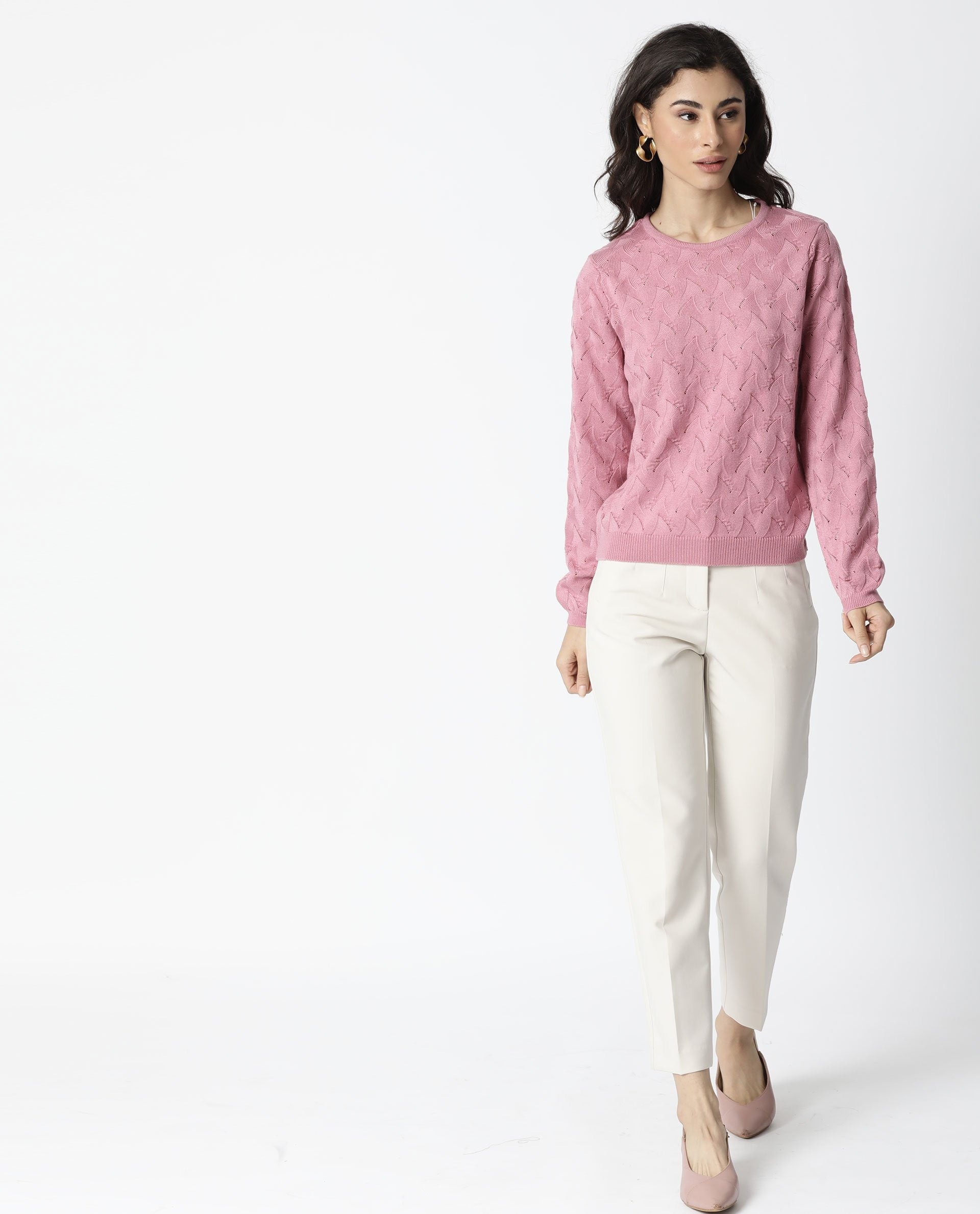 Rareism Women Danbury Pink Acrylic Fabric Full Sleeves Relaxed Fit Solid Round Neck Sweater