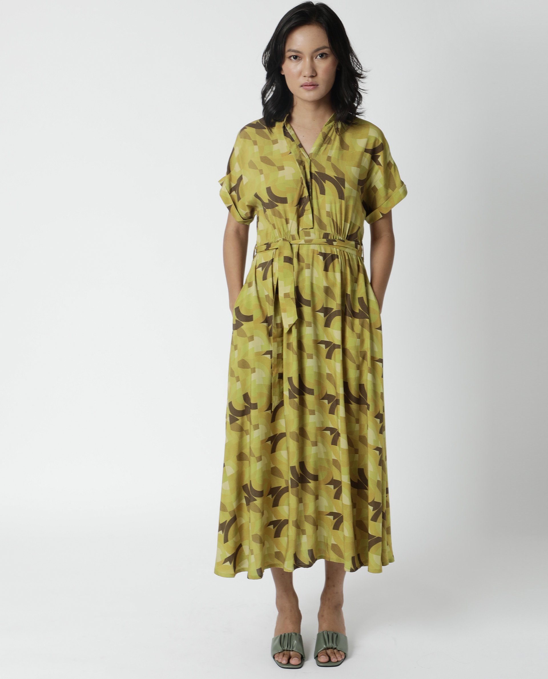 Rareism Womens Jordan Green Dress Cotton Silk Fabric Relaxed Fit Drop Shoulder Half Sleeve A Line Dress Long Length
