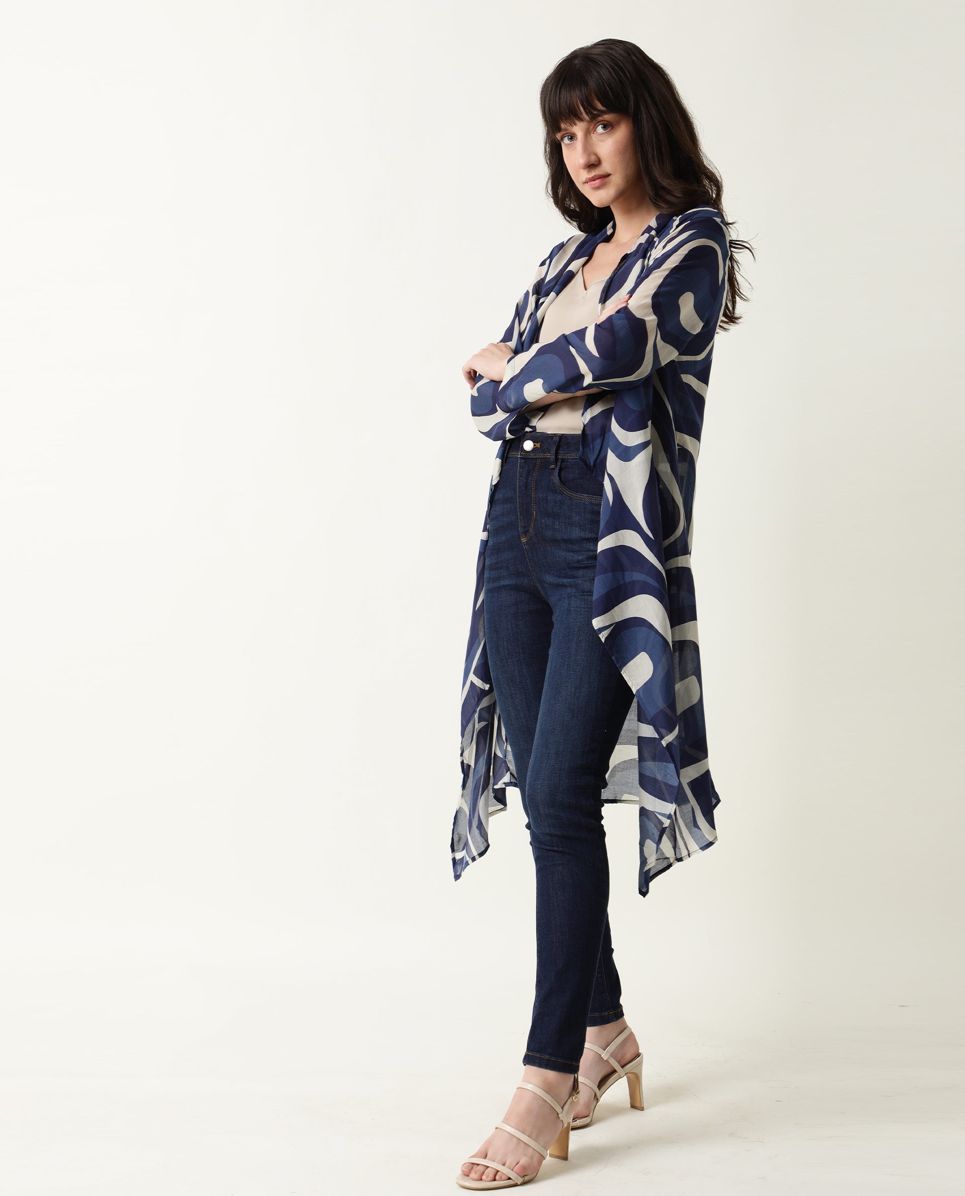 Rareism Women Bohem Blue Overlayer Full Sleeves Printed