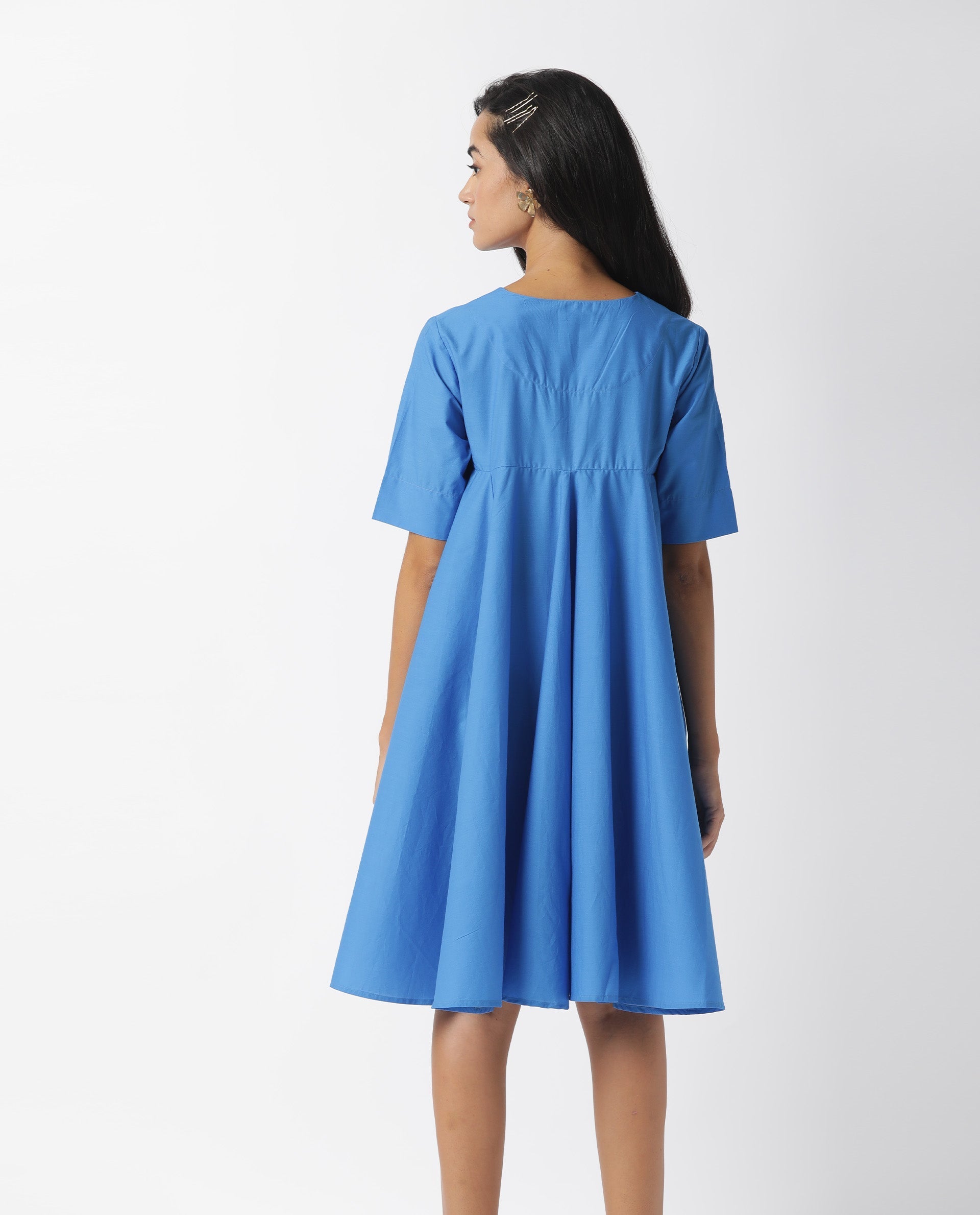Rareism Women Array Dark Blue Overlap Lapel Collar Short Sleeves Flared Knee Length Dress