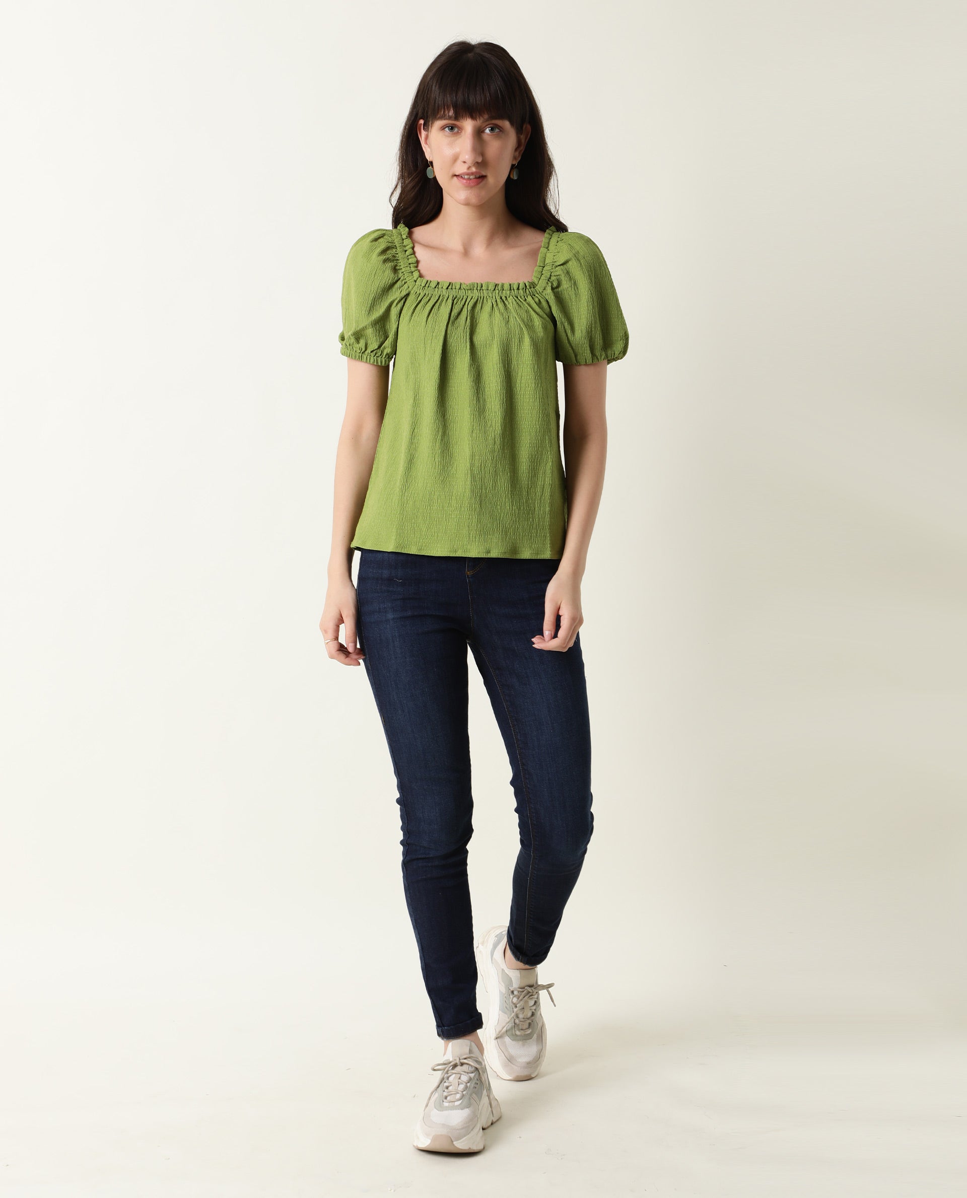 Rareism Women's Swag Green Cotton Blend Square Neck Plain Tailored Top