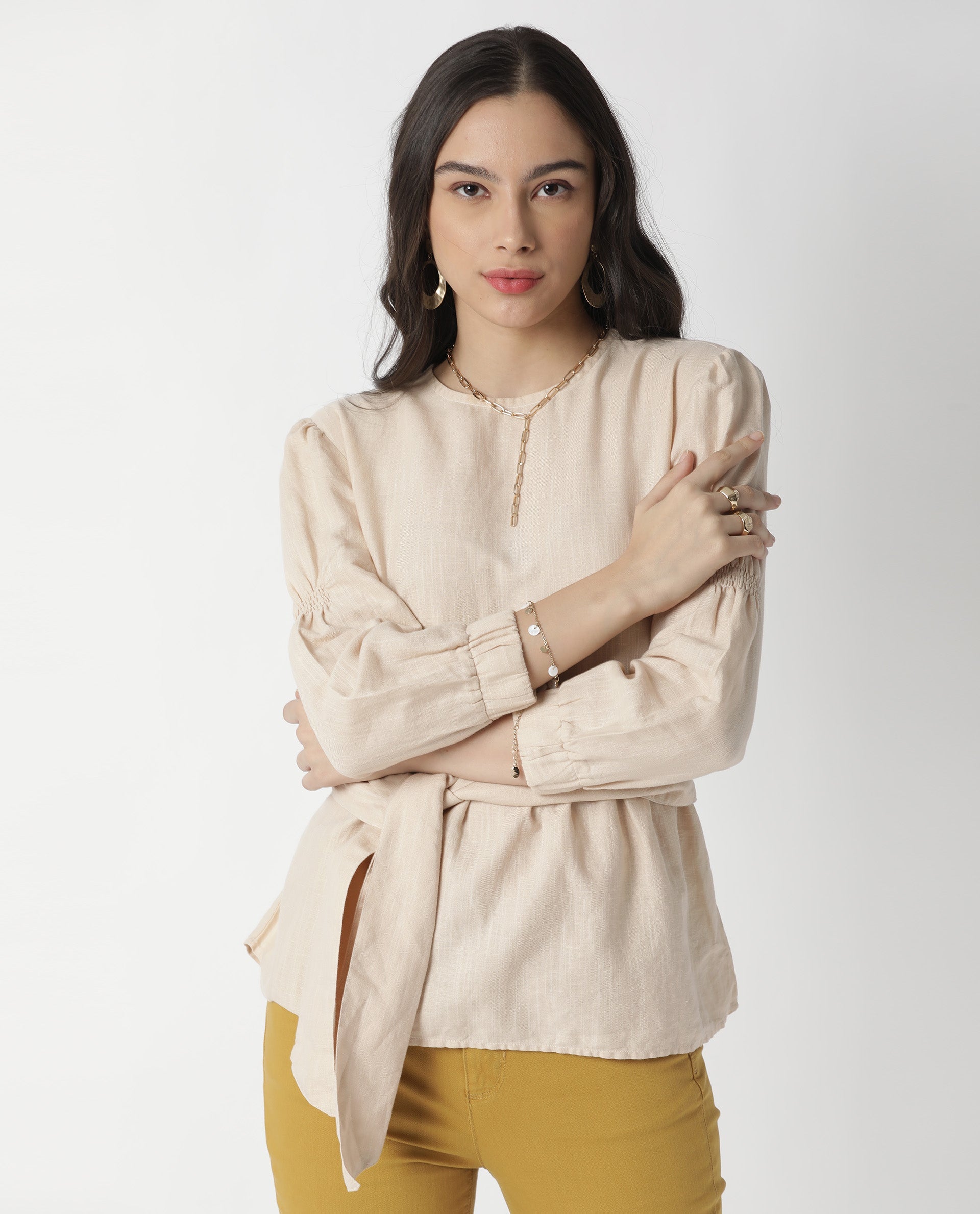 Rareism Womens Mocky Beige Top Full Sleeve Elasticated Cuff Crew Neck