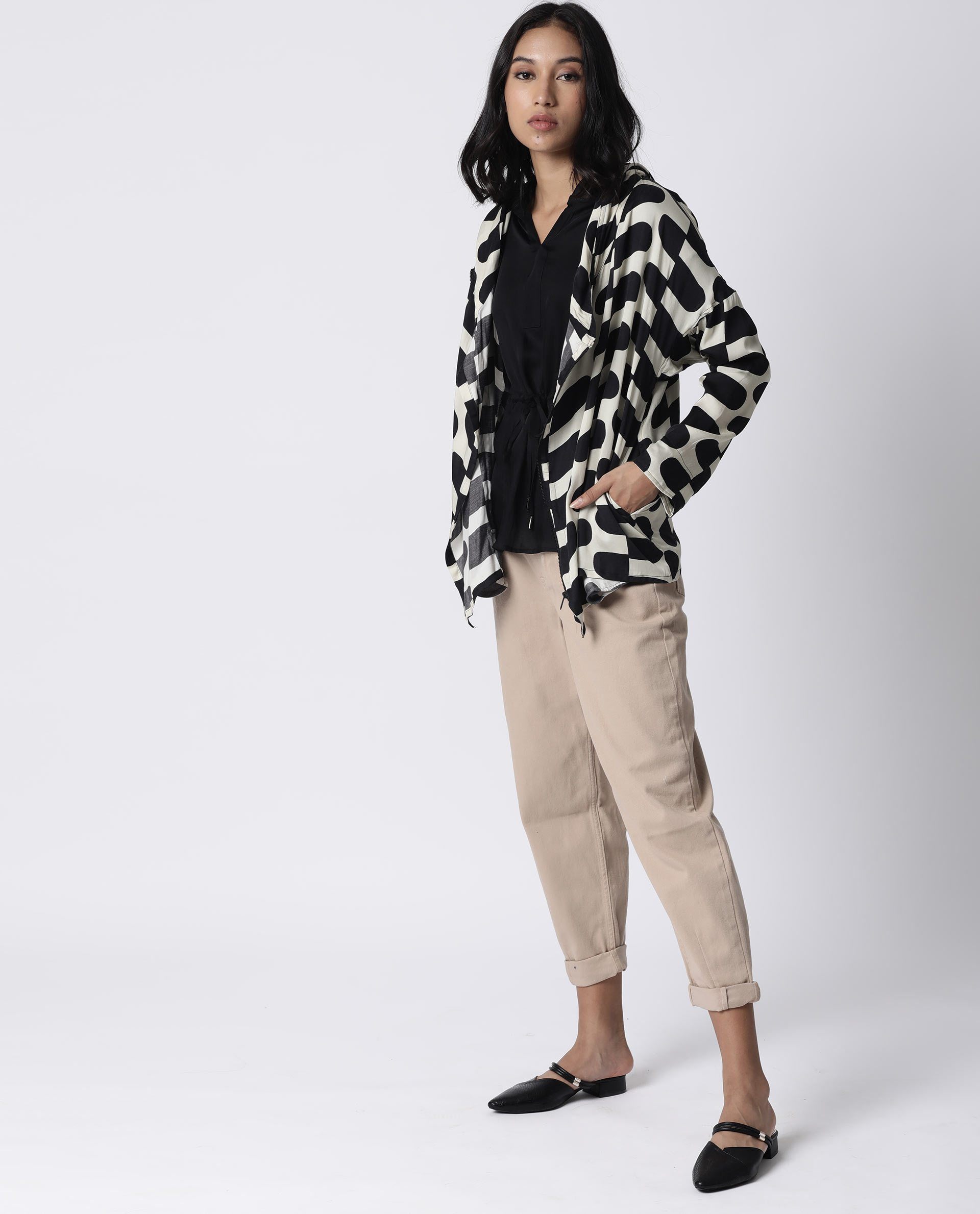 Rareism Women Flight Black Outer Wear Full Sleeves Printed