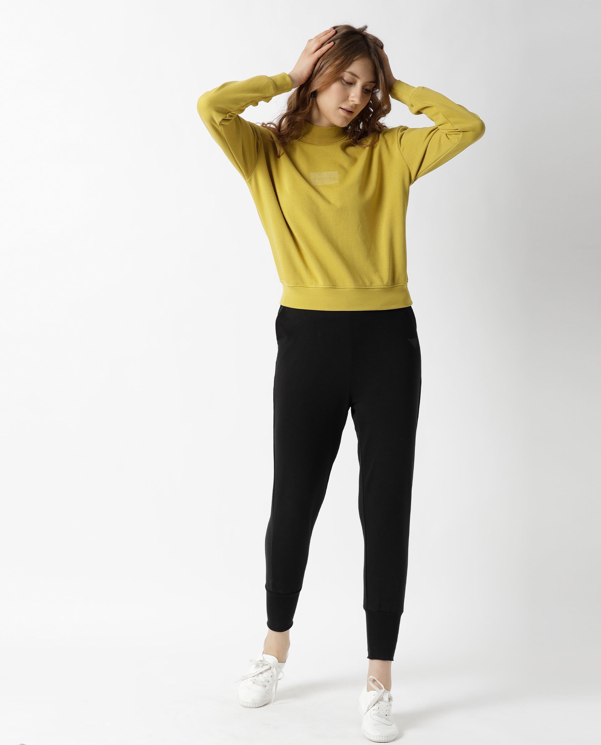 Rareism Women's Hectare Yellow Cotton Blend High Neck Plain Relaxed Fit Sweatshirt