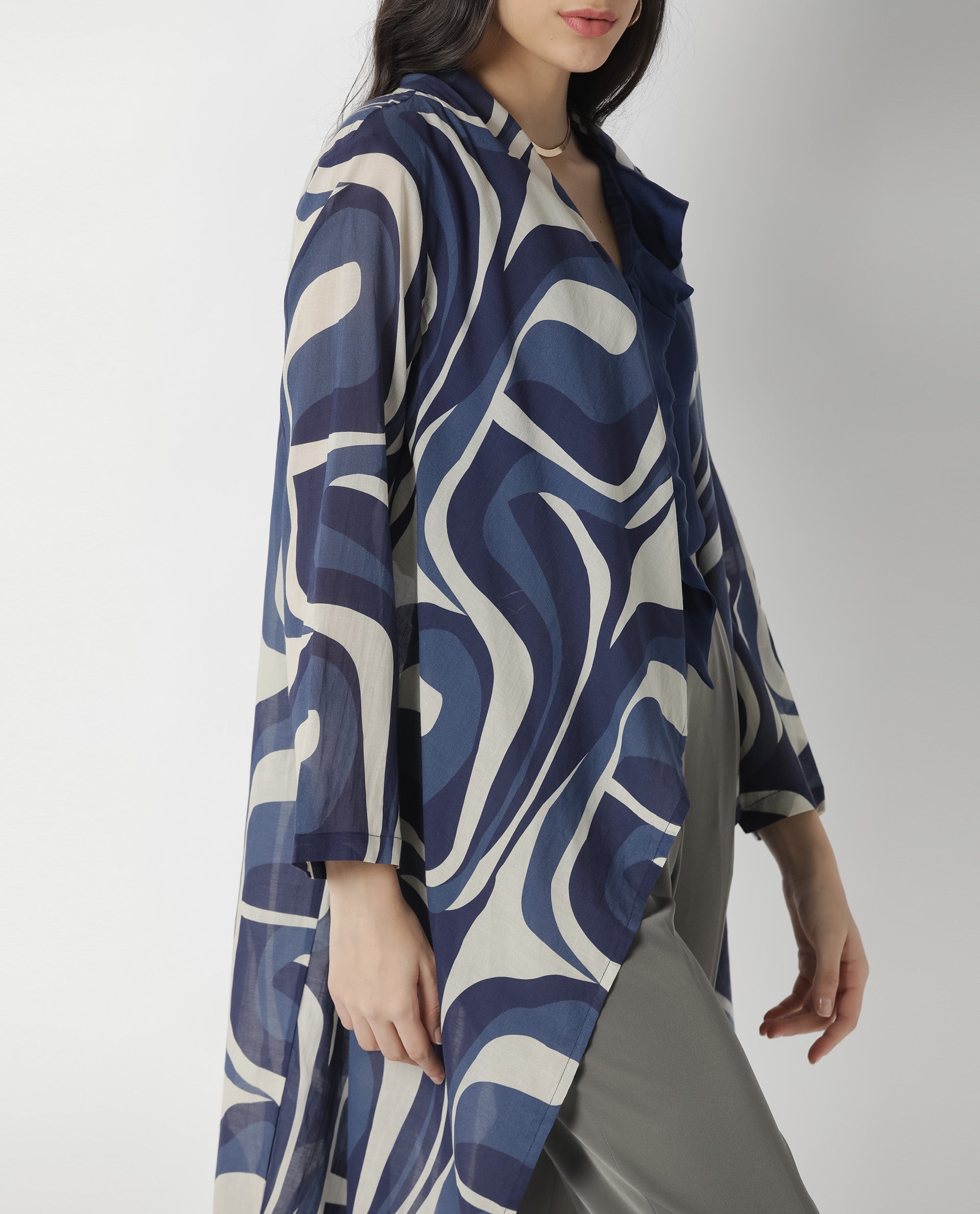 Rareism Women Bohem Blue Overlayer Full Sleeves Printed