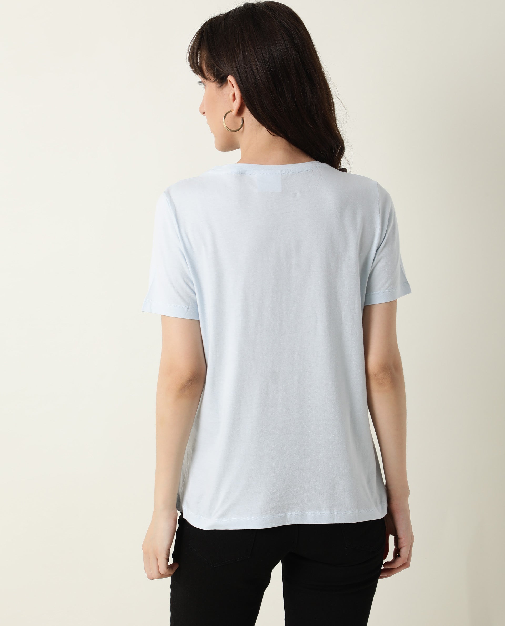 Rareism Womens Basic Tee 2 Blue T-Shirt Cotton Fabric Fitted Fit Short Sleeve Round Neck