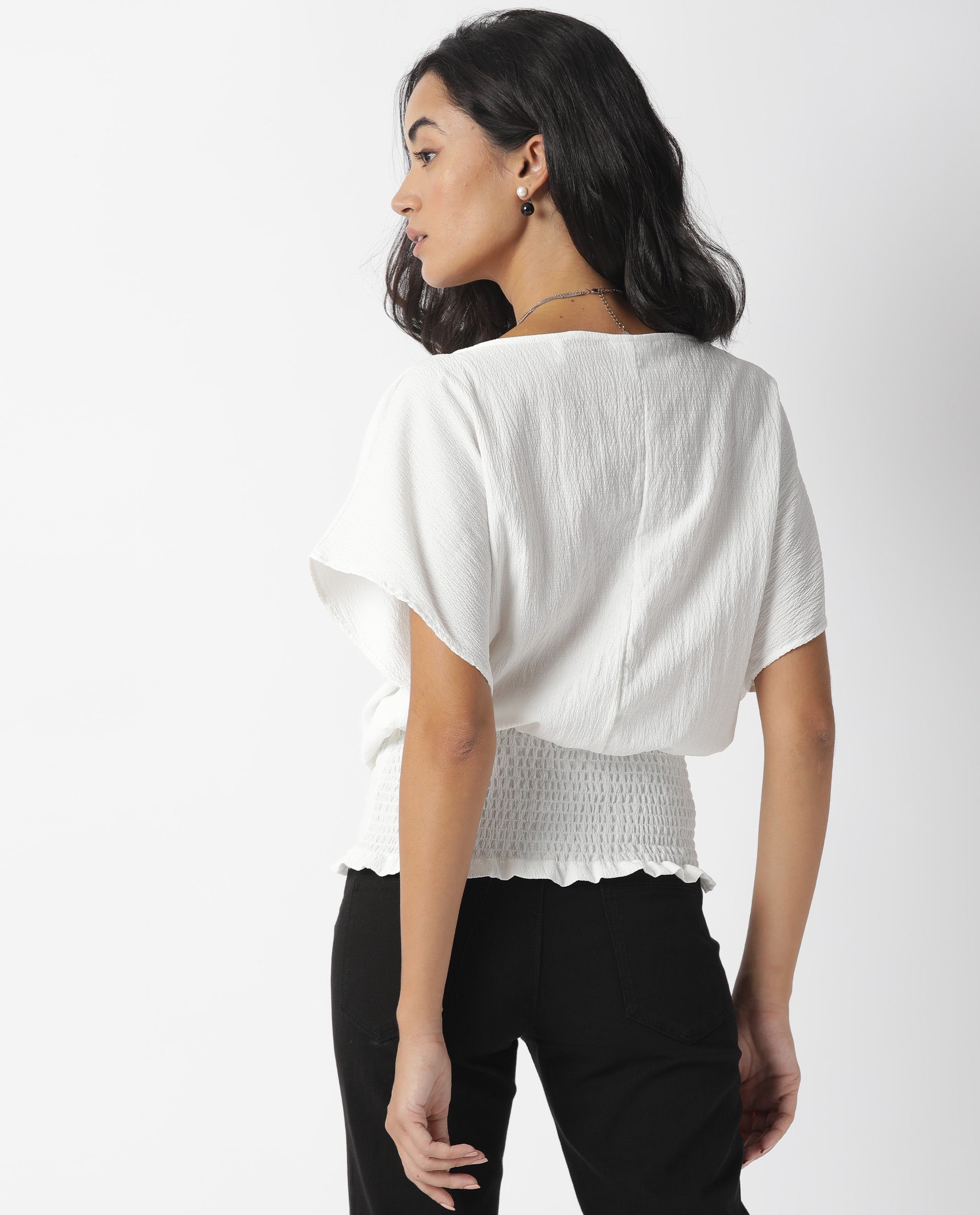Rareism Womens Battle White Top Viscose Fabric Regular Fit Puff Sleeves Round Neck