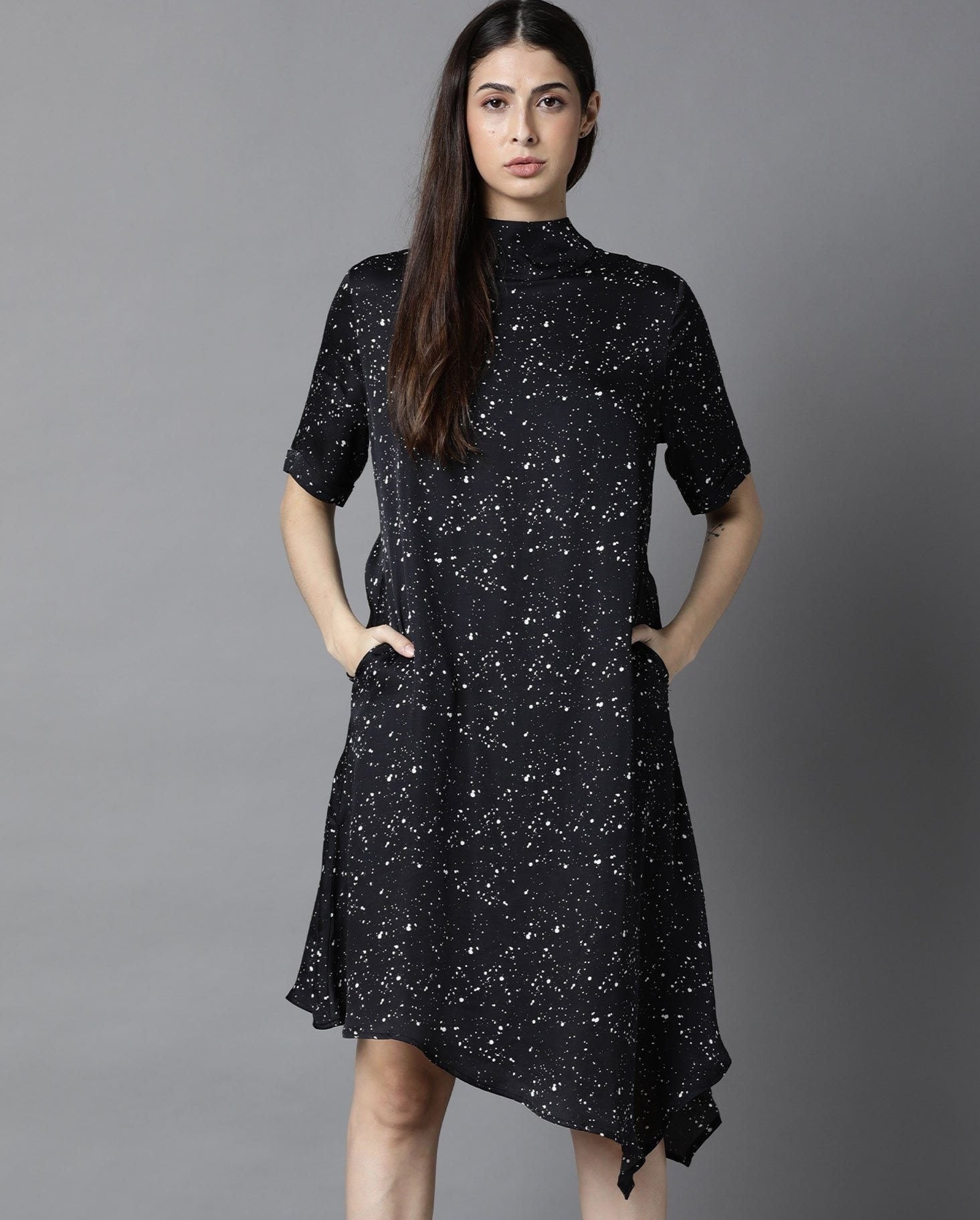 Rareism Women Kris Black Dress Short Sleeves Printed