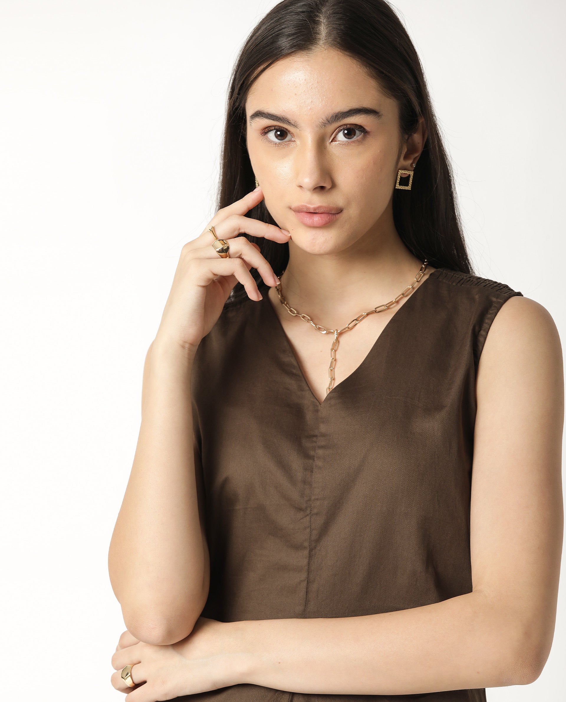 Rareism Women's Simi Brown Cotton V-Neck Plain Sleeveless Regular Fit Top