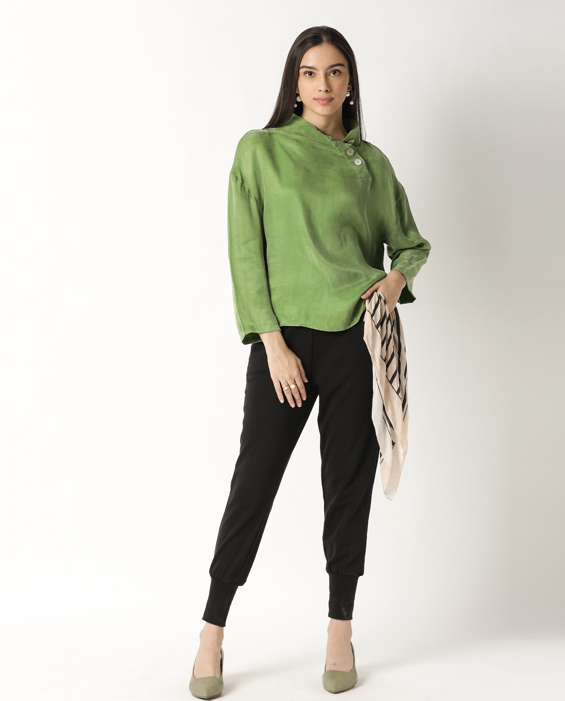 Rareism Womens Mawa Green Top Full Sleeve High Collared