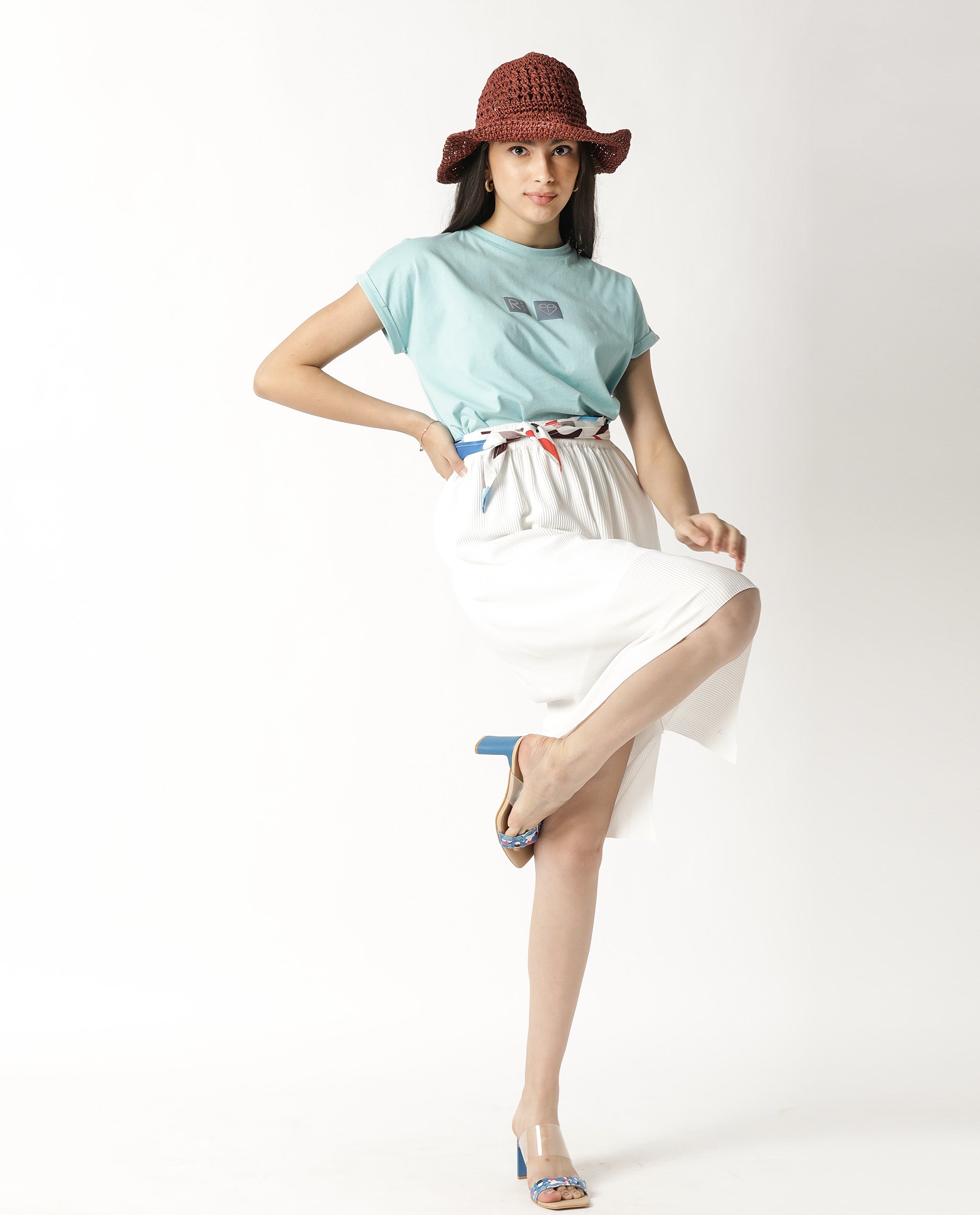 Rareism Women Cardi Light Blue Cotton Fabric Regular Fit Half Sleeves Graphic Print Crew Neck T-Shirt