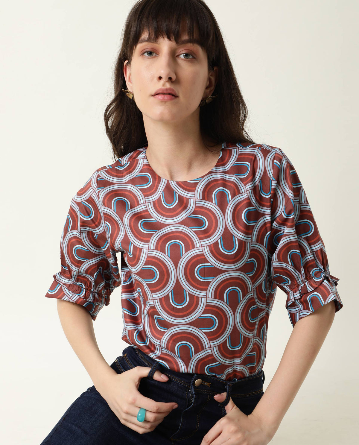 Rareism Women Jimmi Brown Cotton Fabric Regular Fit Round Neck Half Sleeves Print Top