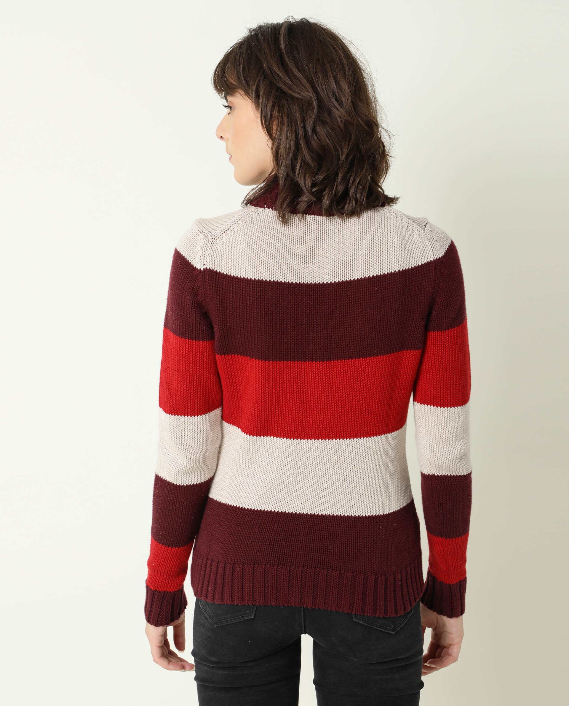 Rareism Women Tony Maroon Full Sleeves Regular Fit Color Blocked Turtle Neck Sweater
