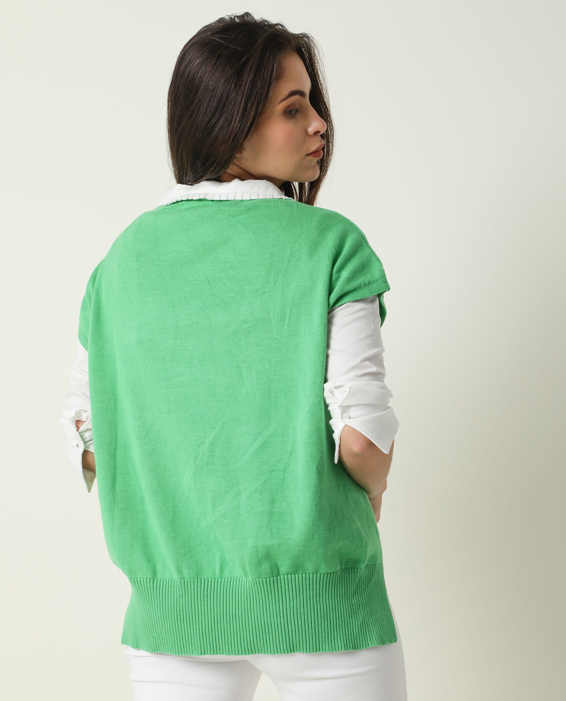 Rareism Women's Pave Green Cotton V-Neck Plain Extended Sleeves Regular Fit Sweater