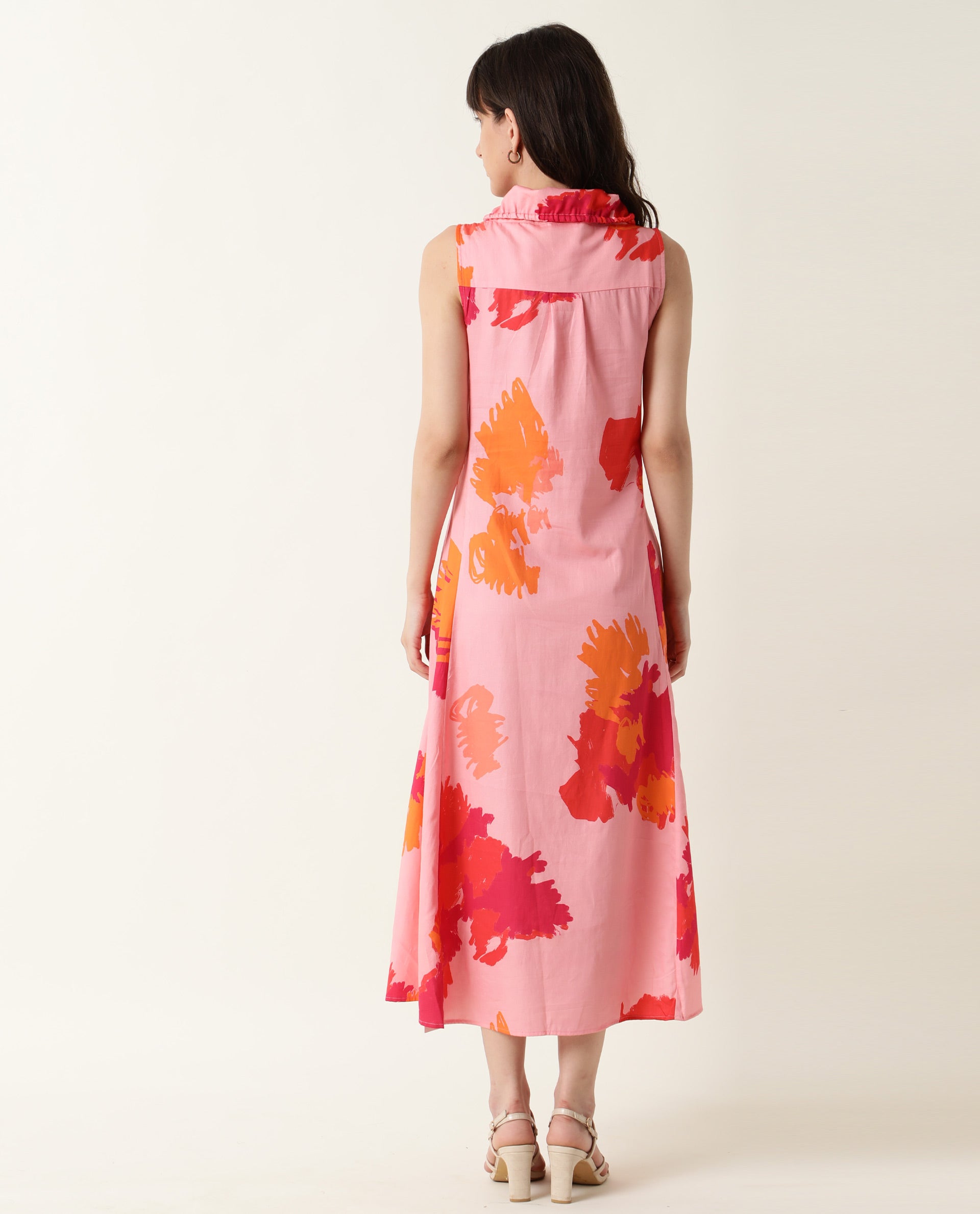 Rareism Womens Cyrus Pink Dress Cotton Fabric Regular Fit Sleeveless Round Neck