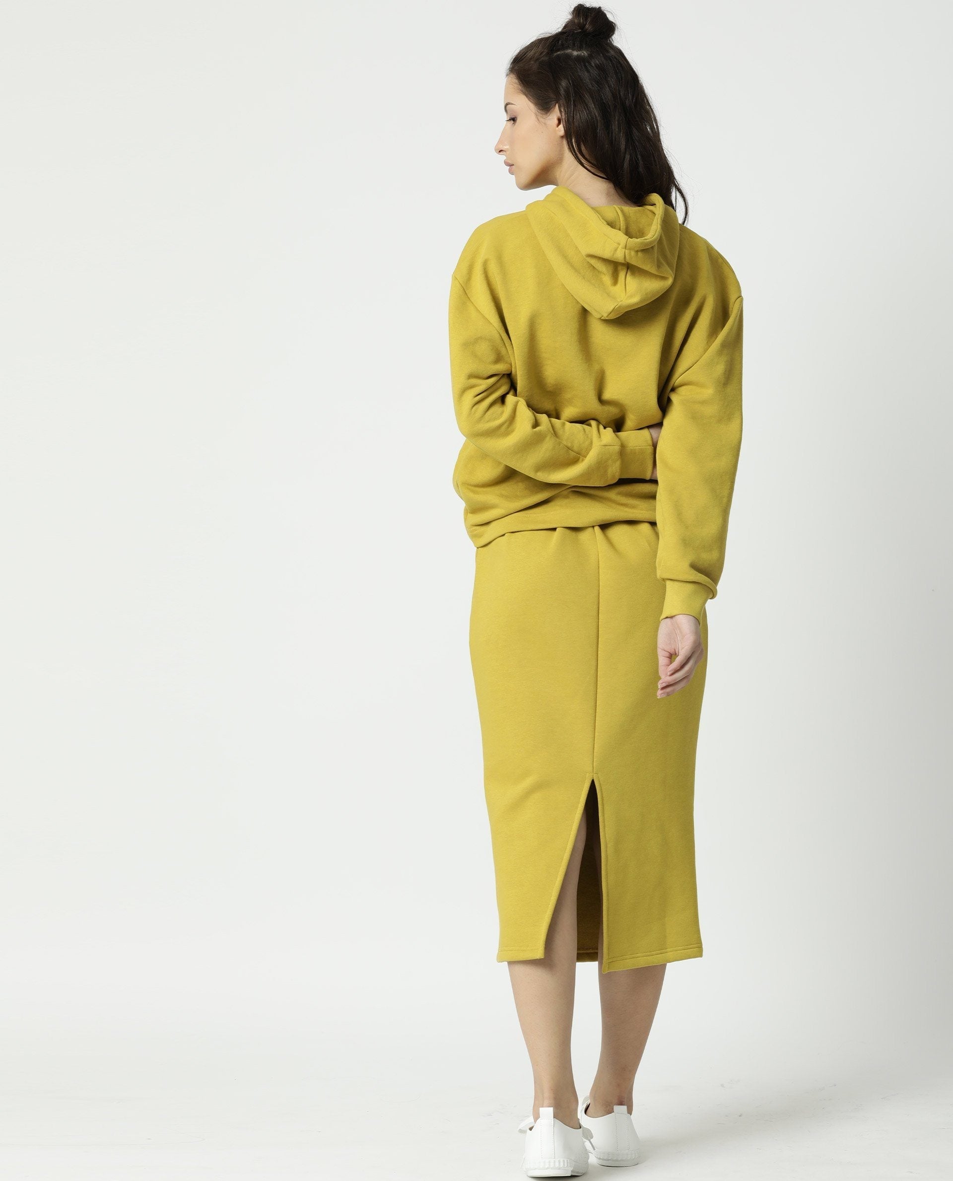 Rareism Women Wally Yellow Cotton Poly Fabric Relaxed Fit Full Sleeves Solid Hooded Sweatshirt