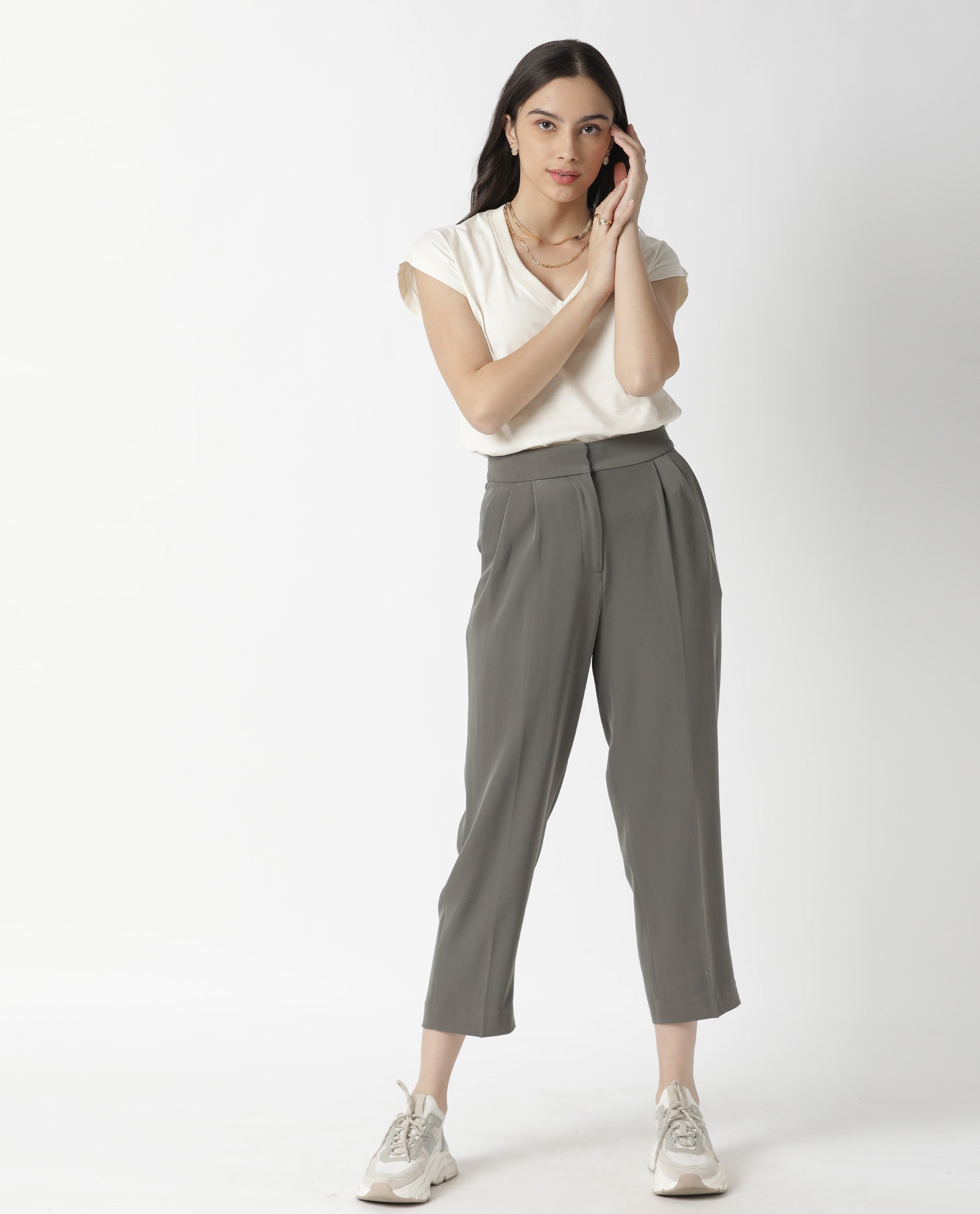 Rareism Women Debra Off White Cotton Fabric Regular Fit Half Sleeves Solid Crew Neck T-Shirt