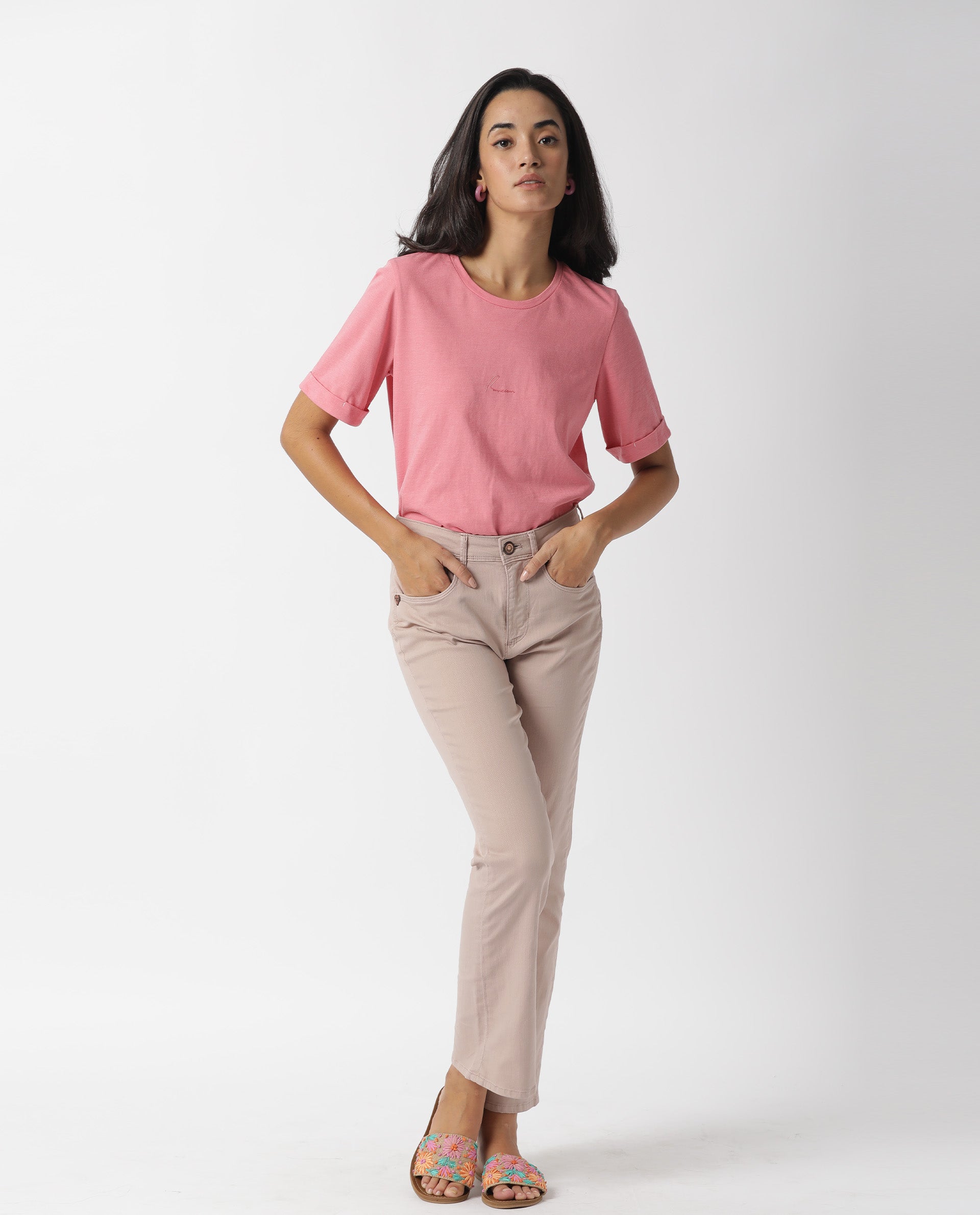 Rareism Women Nova Tee 2 Pink Cotton Fabric Regular Fit Half Sleeves Solid Round Neck T-Shirt