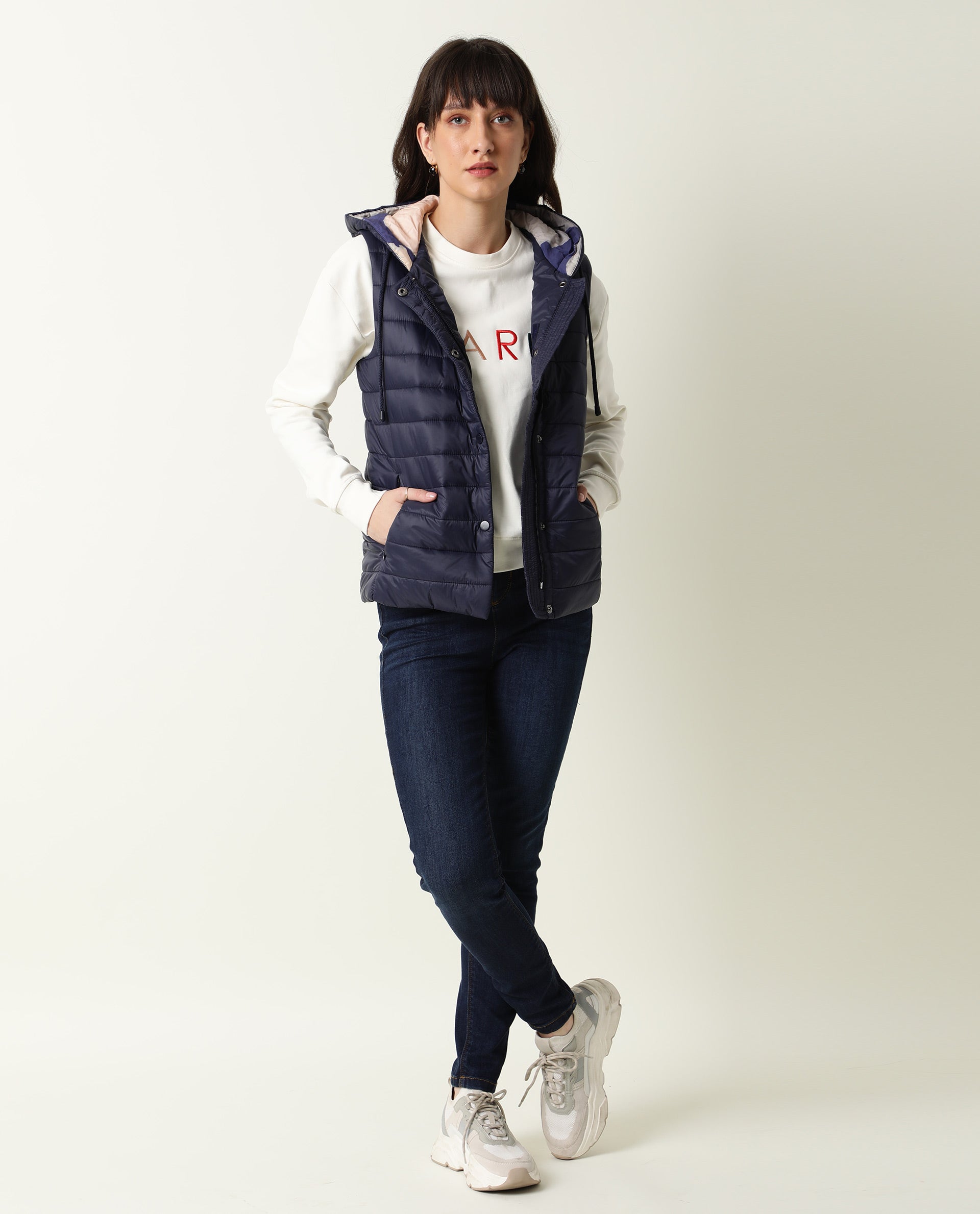 Rareism Women Troop Dark Navy Sleeveless Solid Hooded Jacket