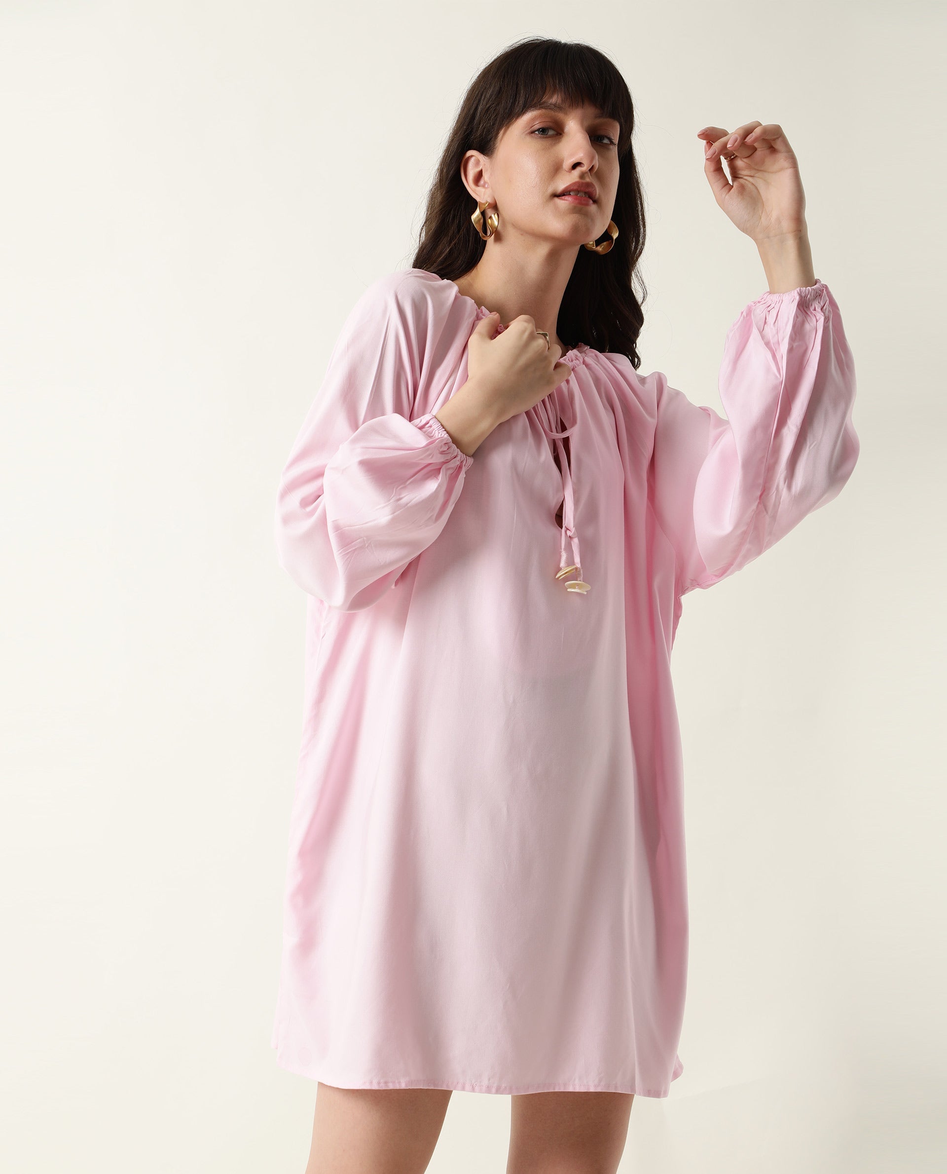Rareism Women's Mason Pink Viscose Tie-Up Neck Plain Volume Sleeve Mini Relaxed Fit Dress