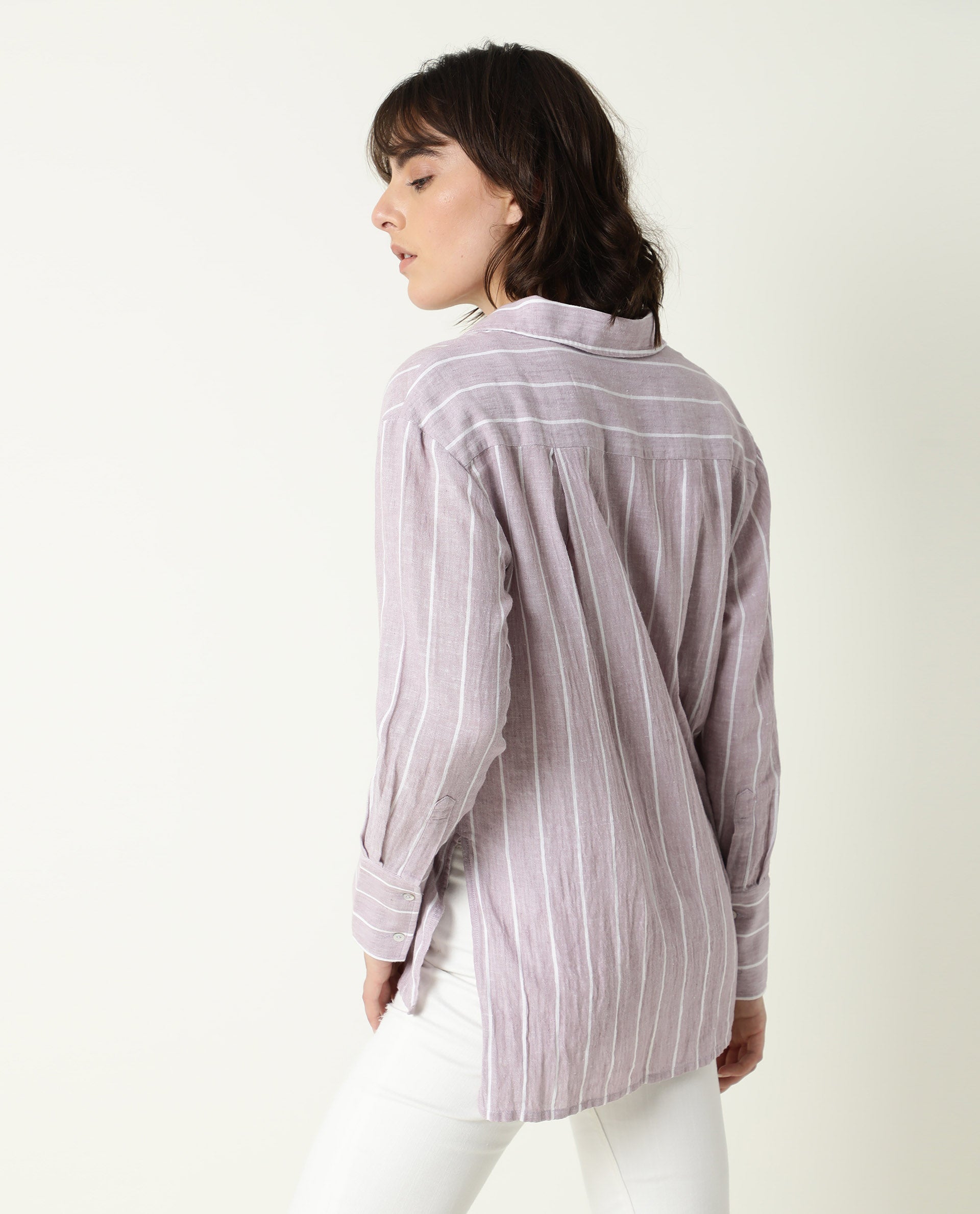 Rareism Women Vrish Pastel Purple Cotton Linen Fabric Relaxed Fit Collared Neck Full Sleeves Striped Top