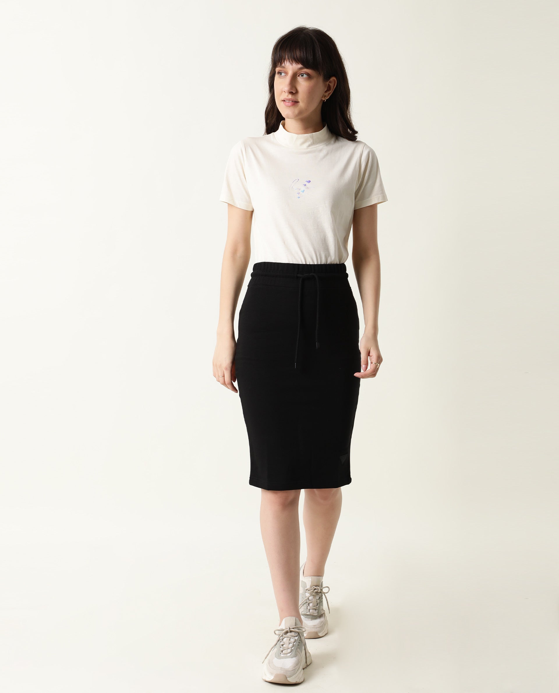 Rareism Women Fudge-1 Black Poly Cotton Fabric Tailored Fit High Rise Solid Midi Skirt