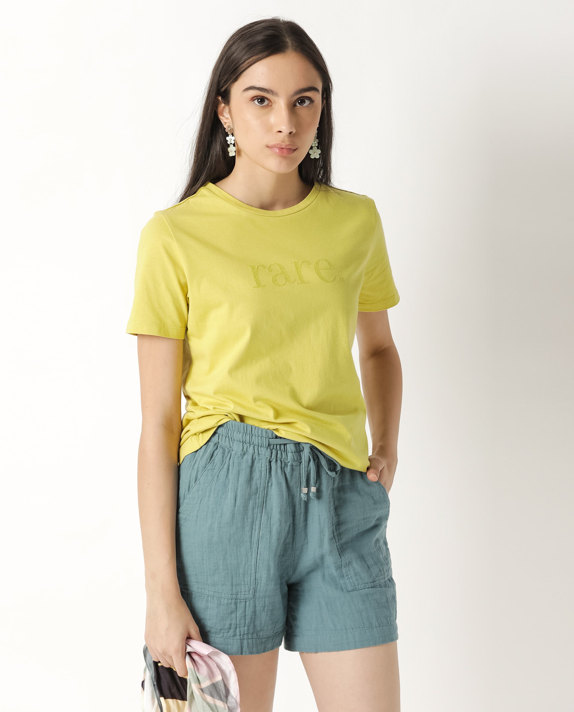 Rareism Womens Basic Tee 2 Yellow T-Shirt Cotton Fabric Fitted Fit Short Sleeve Round Neck
