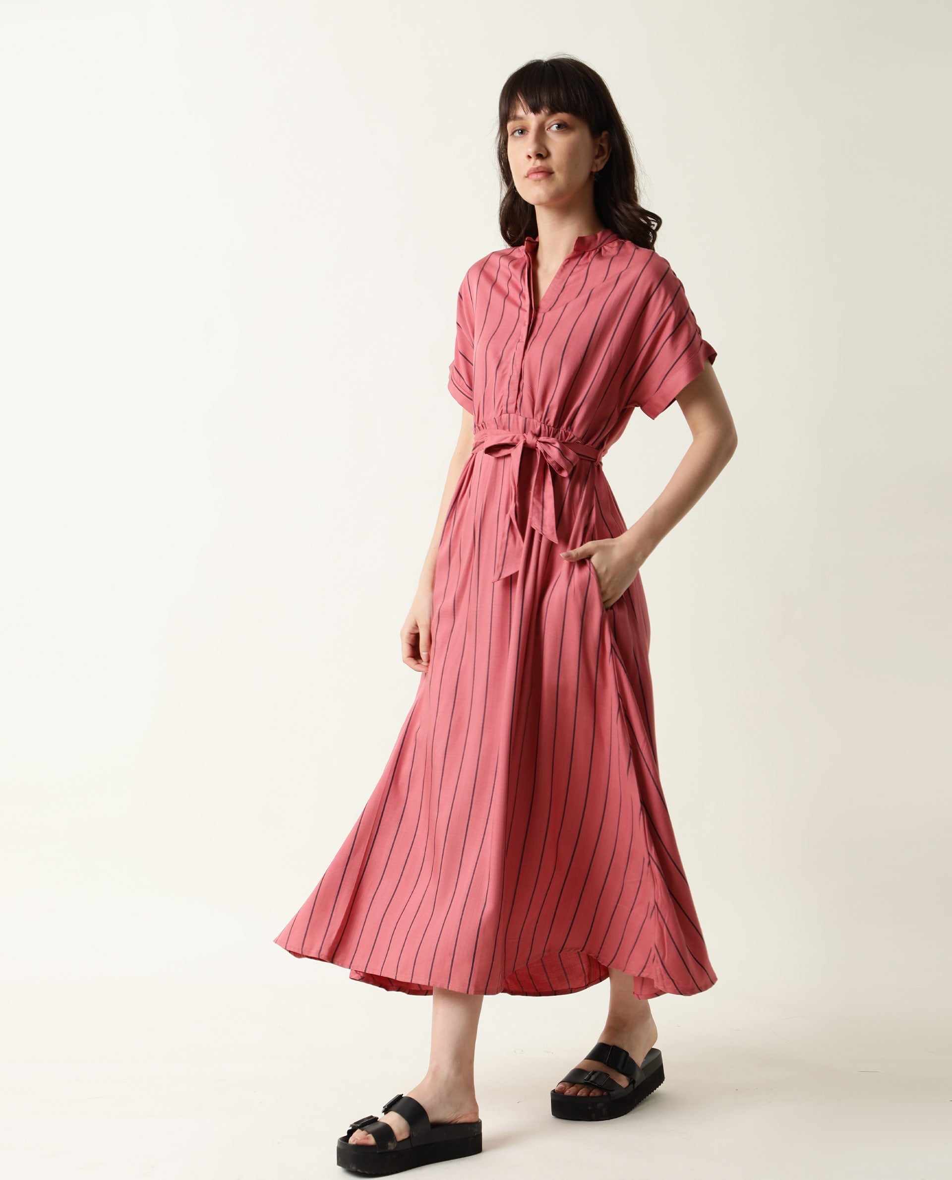 Rareism Women Tudor Pink Striped Mandarin Collar Half Sleeves Fabric Waist Belt With Pockets Midi Dress