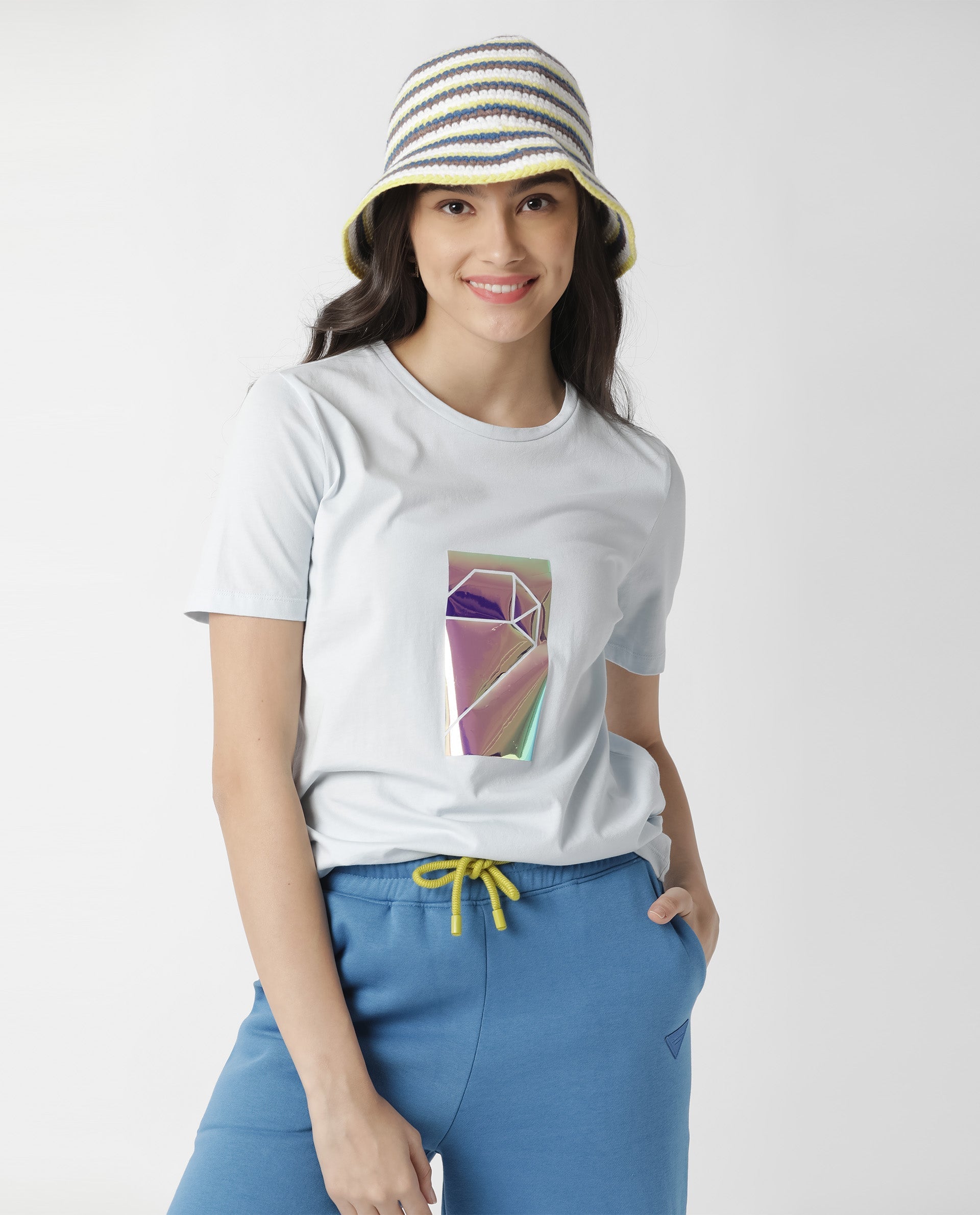 Rareism Women Gulf Pastel Blue Cotton Fabric Regular Fit Half Sleeves Graphic Print Crew Neck T-Shirt