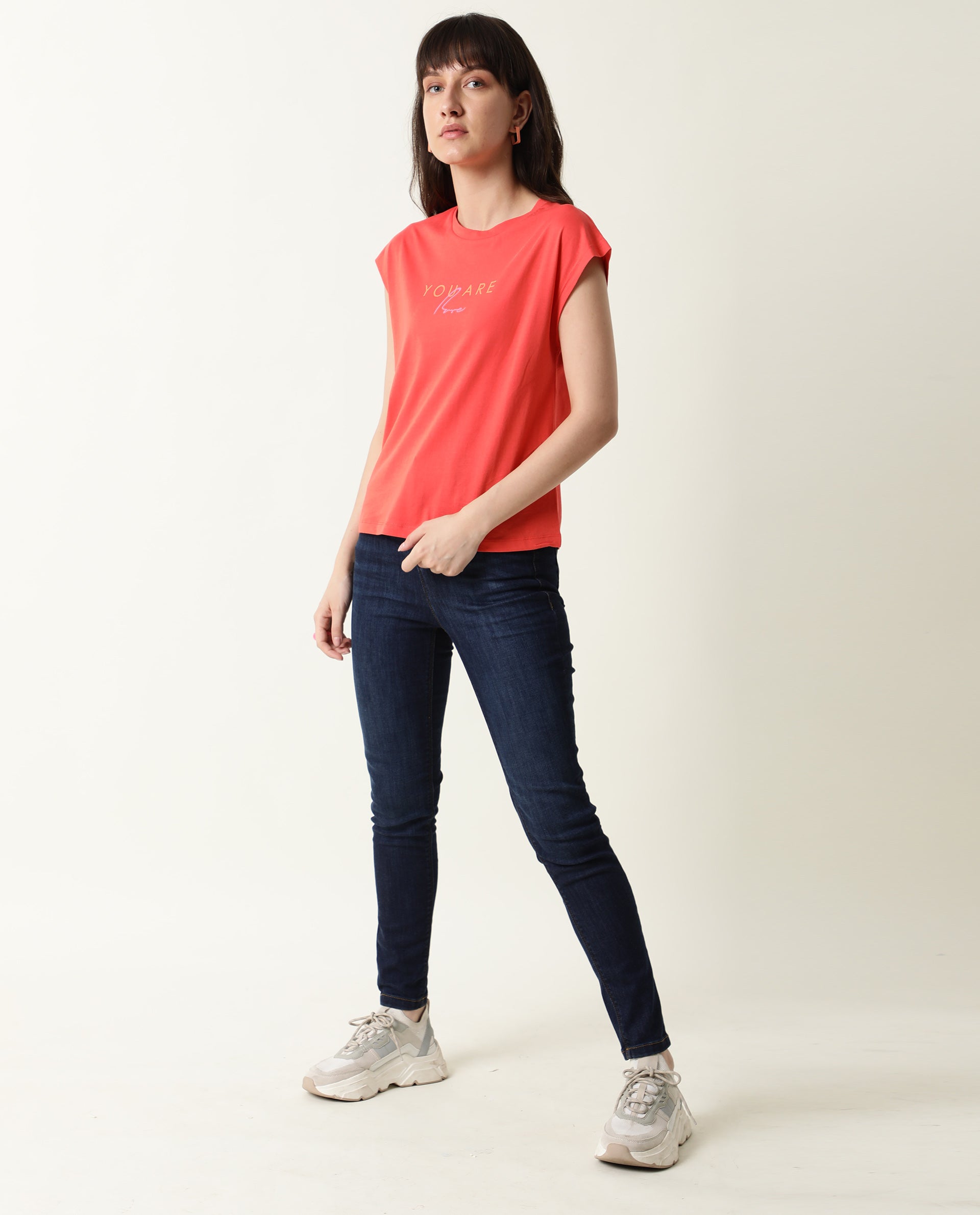 Rareism Womens Caprico Red T-Shirt Cotton Fabric Regular Fit Half Sleeve Round Neck