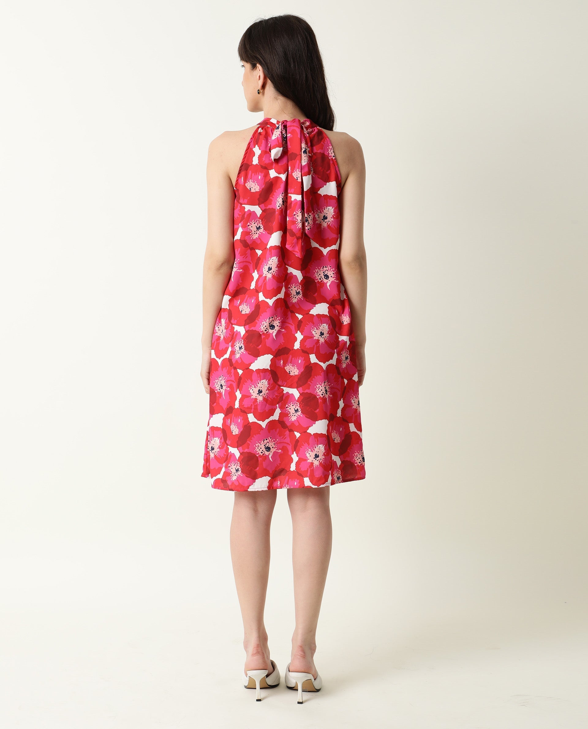 Rareism Women's Oasis Red Halter Neck Floral Print Sleeveless Knee Length Regular Fit Dress