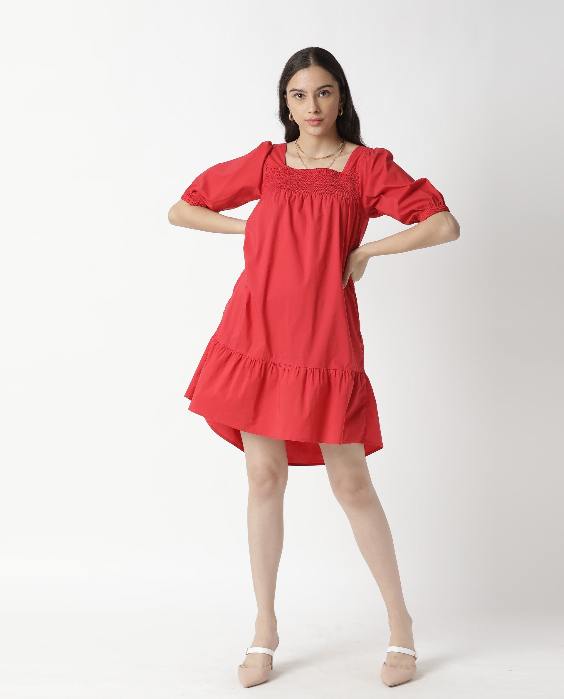 Rareism Womens Catchy Red Dress Cotton Lycra Fabric Relaxed Fit Puff Sleeves Square Neck